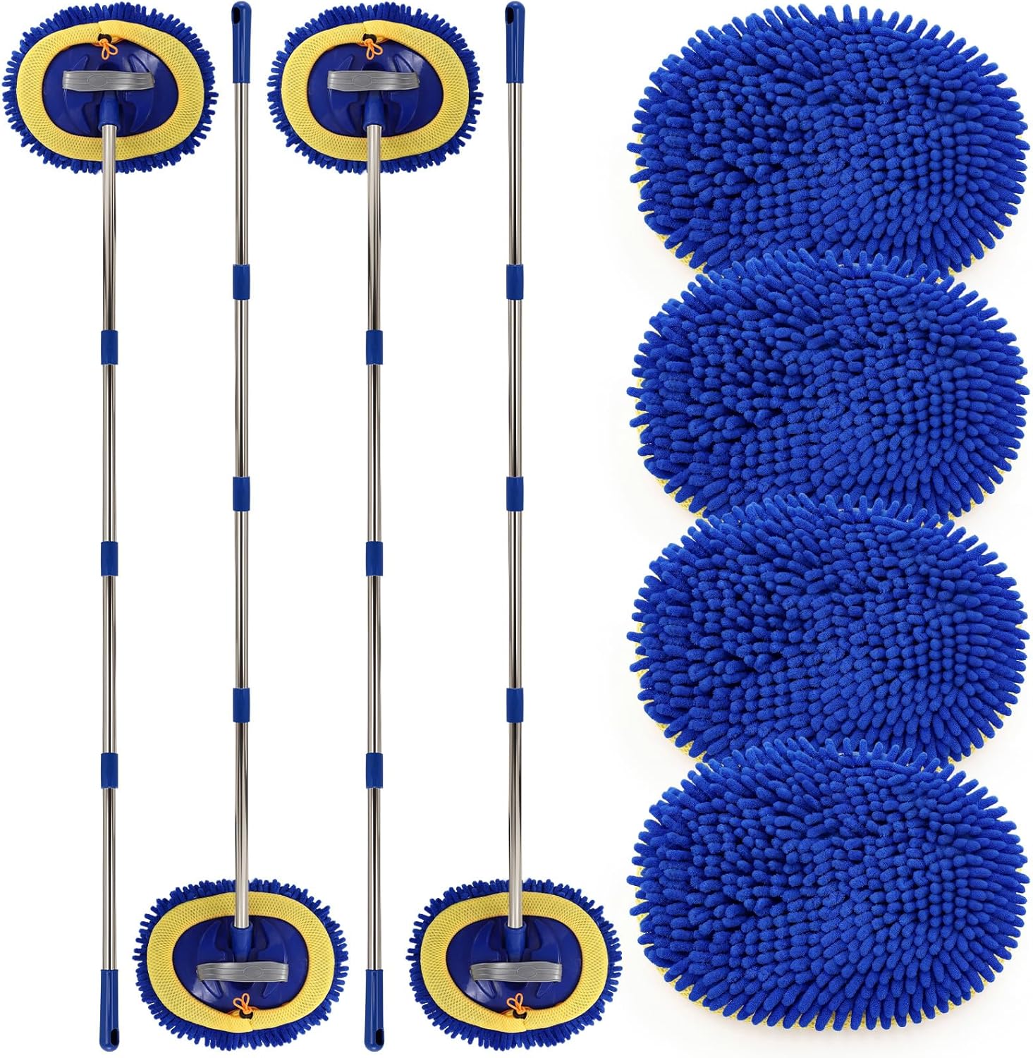 4 Pack 360° Spin Mop with 4 Microfiber Mop Refills, Extendable 63" Stainless Steel Handle for Easy Floor, Ceiling, Wall & Window Cleaning, Household Mops(Blue)
