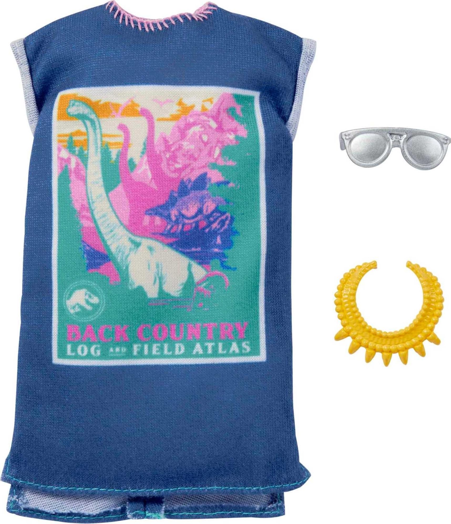 Doll Clothes Inspired by Jurassic World: Dominion, Complete Look with 2 Accessories, T-Shirt Dress with Colorful Dinosaur Graphic, Necklace & Silvery Sunglasses, Gift for Kids 3 to 8 Years Old