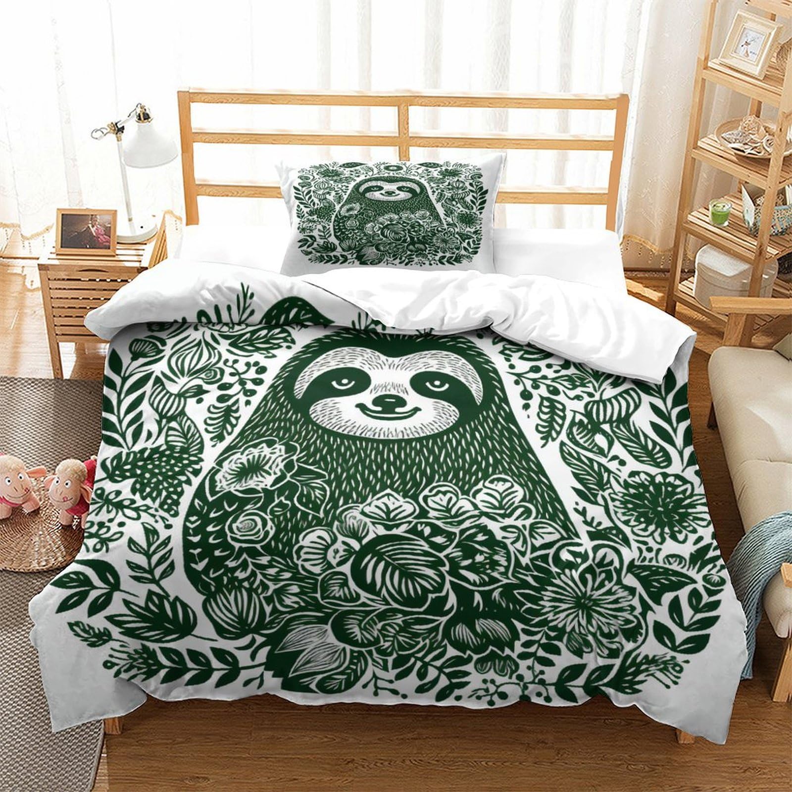 P1S9U7W5Y 3D Printed Relaxing Sloth Floral Duvet Cover Set 3pcs Microfiber Animal Bedding Set Single
