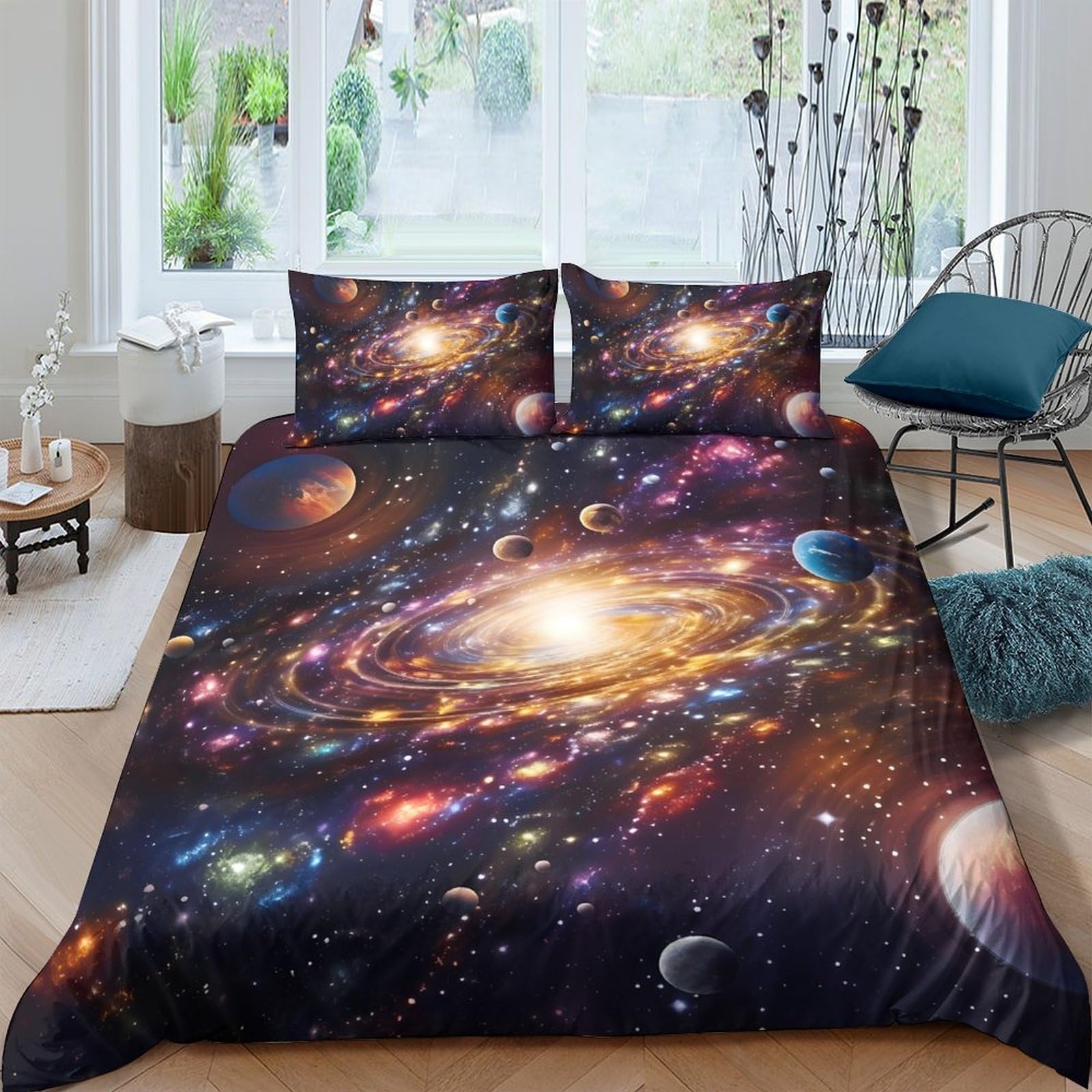 TUFRTGYHN 3D Printed Galaxy Starry Sky Duvet Cover Set Microfiber Breathable with Cosmic Nebula 2 Pillowcases for Bedroom Home Single（135x200cm）