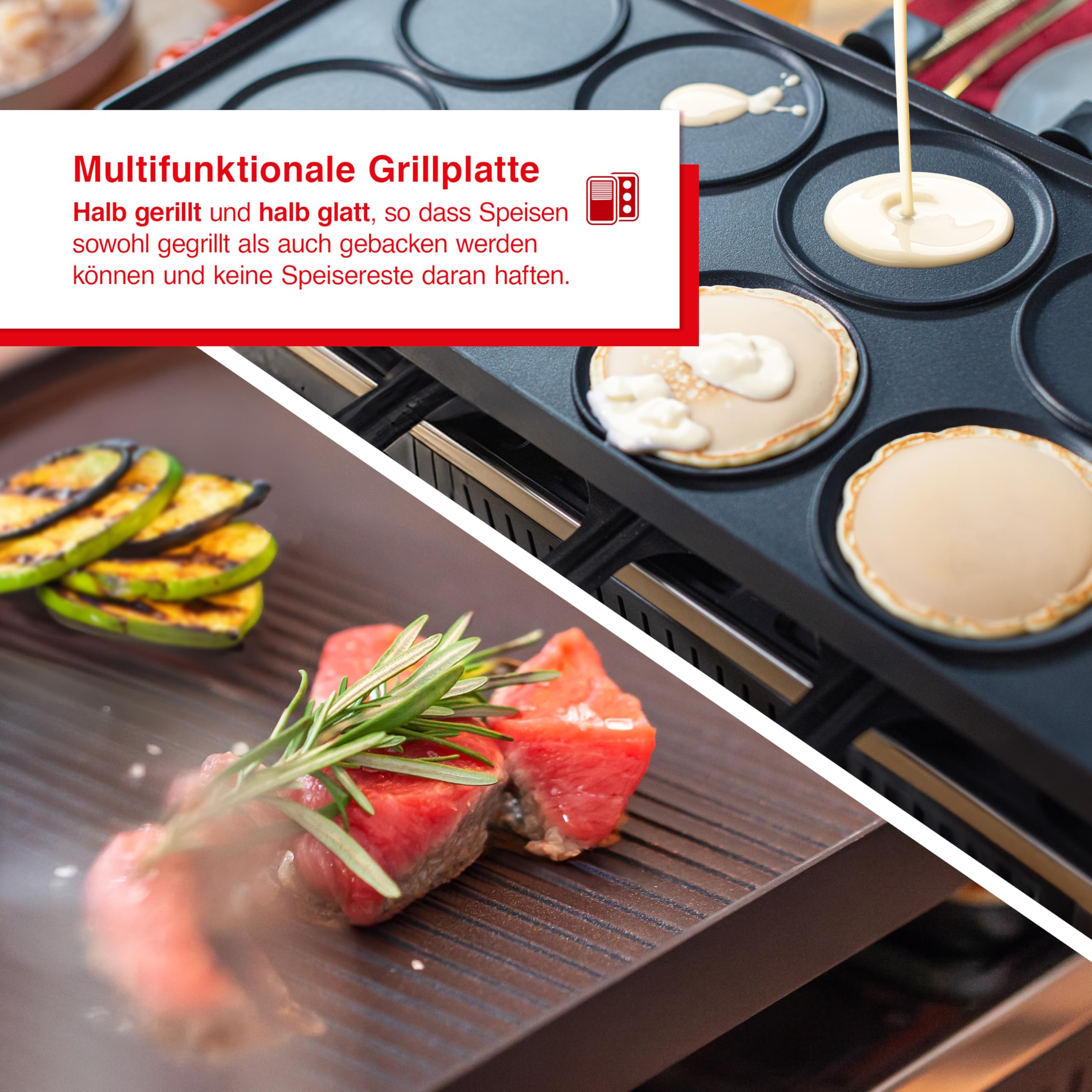 Solis Raclette Tischgrill 4-in-1 mit Grillplatte & Crêpe-Funktion | 1200W Ober- & Unterhitze, Antihaft, 8 Pfännchen, Mini-Pizza, für Familie & Freunde