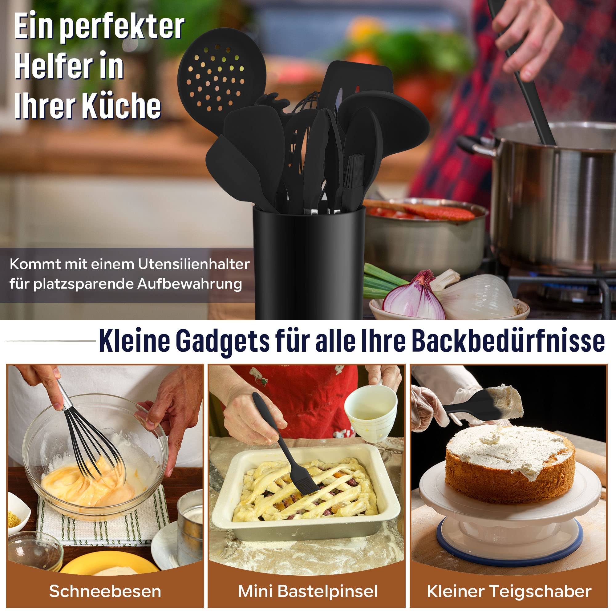 Küchenhelfer Set, Onader 12 teiligs Silikon Kochutensilien Kochbesteck Set, Antihaft Hitzebeständiger Kochgeschirr Küchenutensilien Set mit Utensilienhalter, Spülmaschinengeeignet - Schwarz