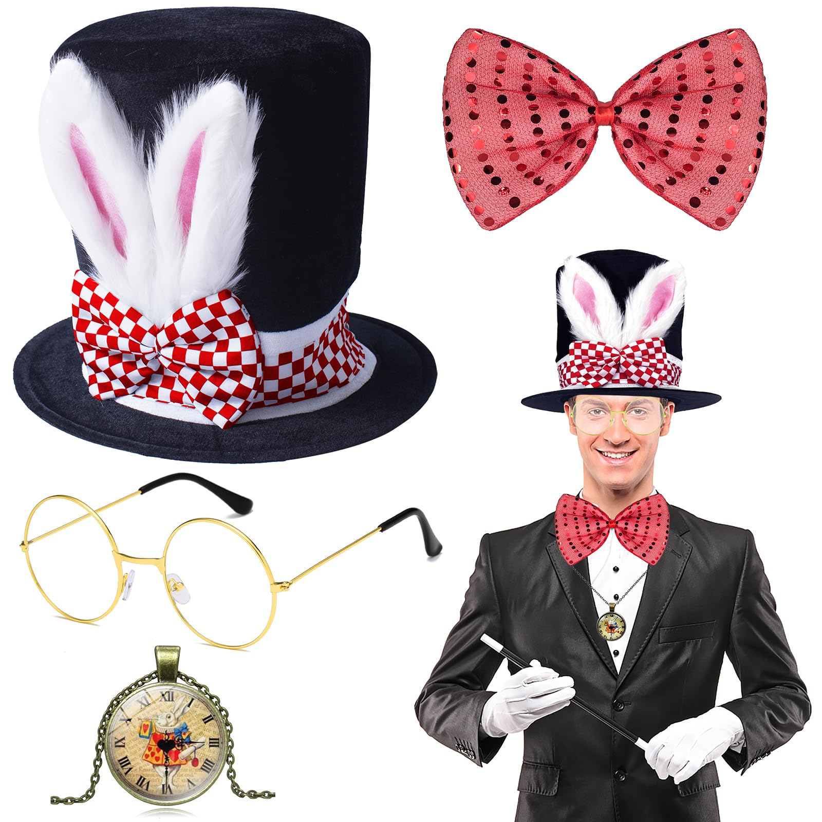 Hikkcos White Rabbit Costume Set Mad Hatter Hat Rabbits Ears Topper Plush Hat for Halloween Easter Accessories Set