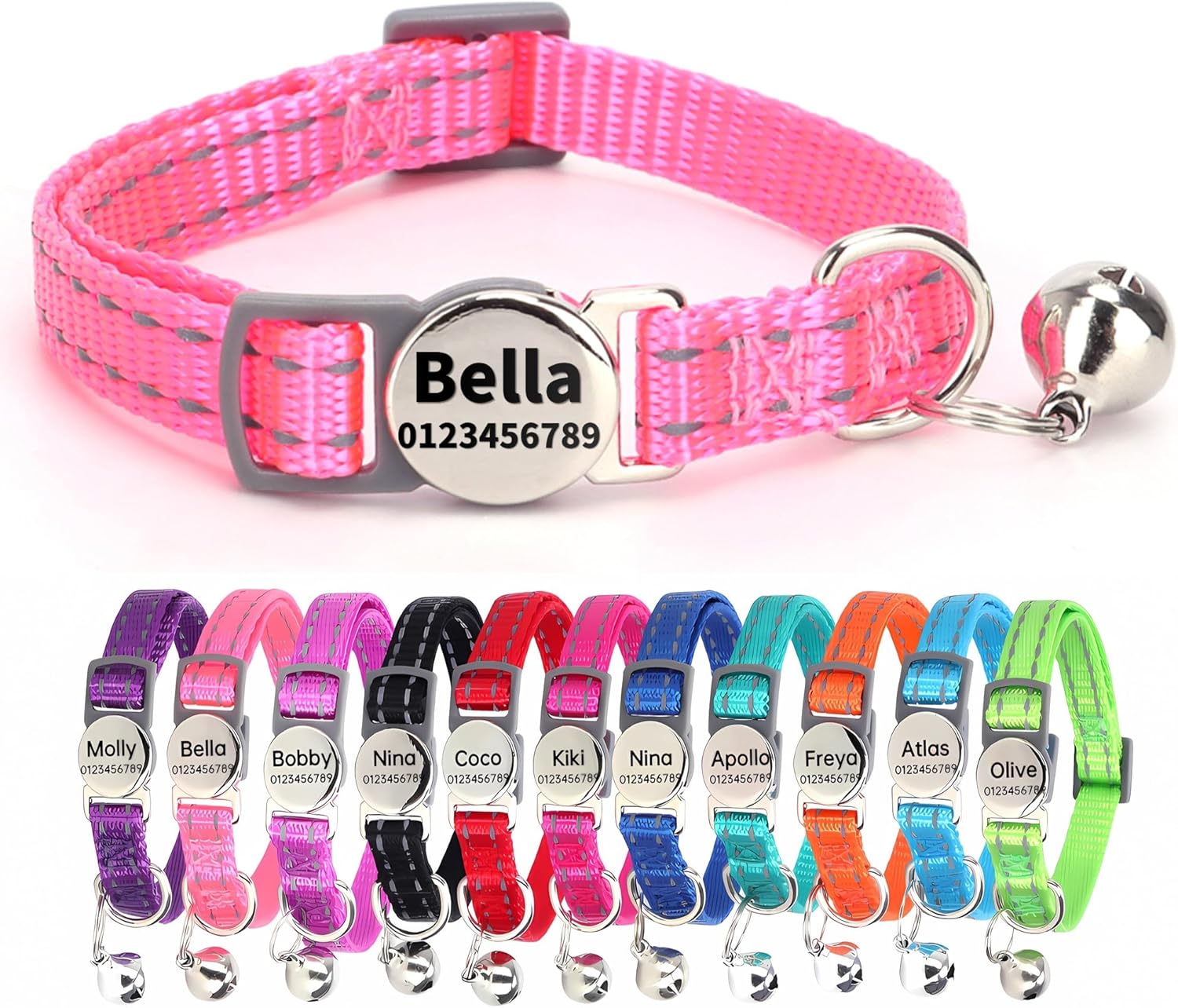 SEOUGEE Cat Collar Quick Release with Personalised Name Tag, Reflective