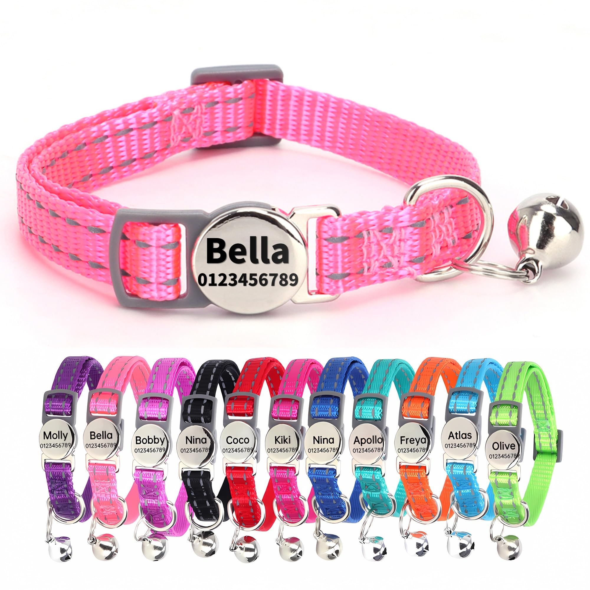 SEOUGEE Collar de gato de liberación rápida con etiqueta de nombre personalizada, collares reflectantes para gatitos con campanas y liberación de seguridad, 19-30 cm ajustable, rosa
