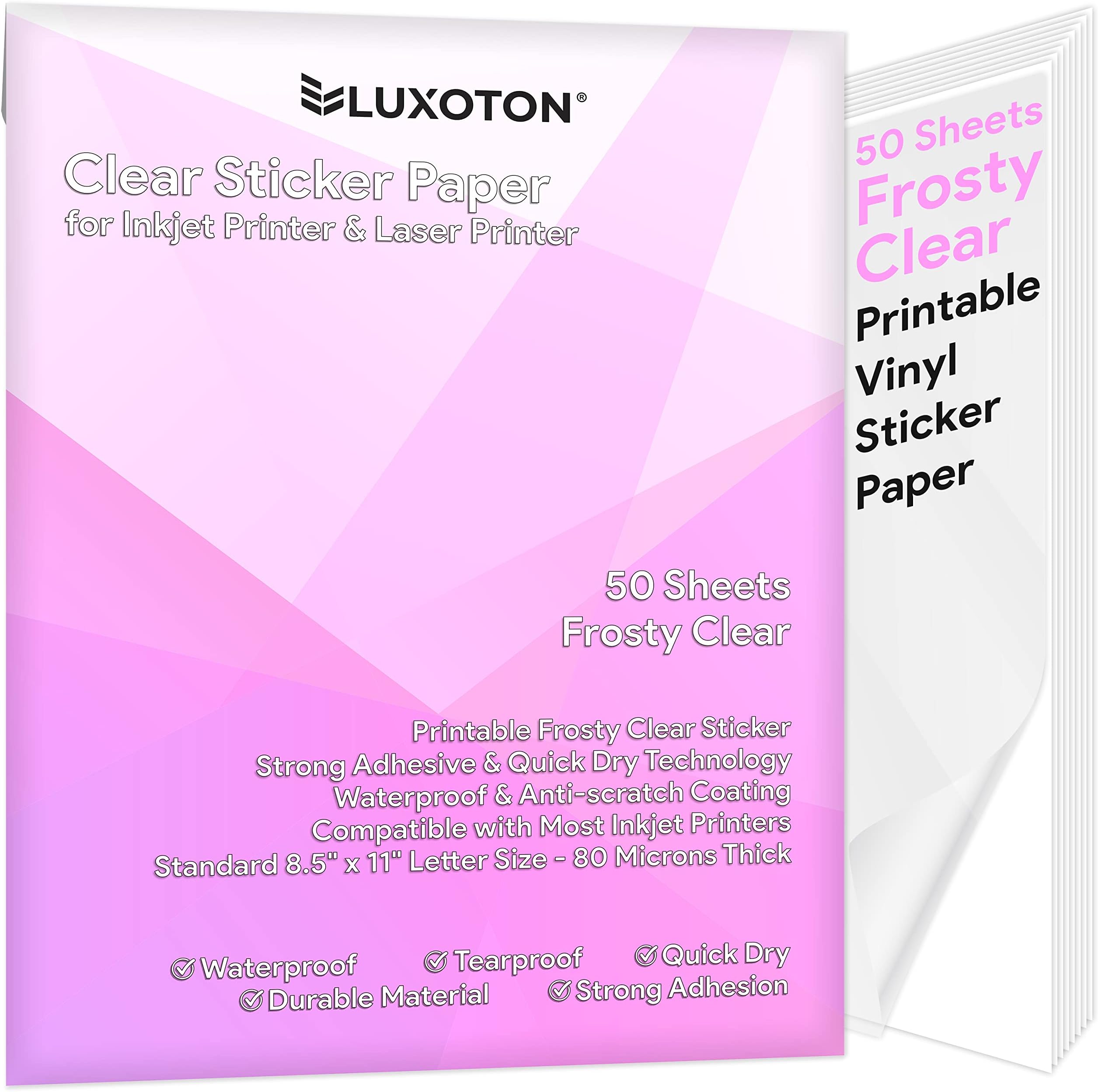 Printable Clear Sticker Paper for Inkjet Printer & Laser Printer- 50 Sheets Clear Printable Vinyl Sticker Paper - Clear Printable Sticker Paper - Printable Transparent Sticker Paper - 8.5" x 11"