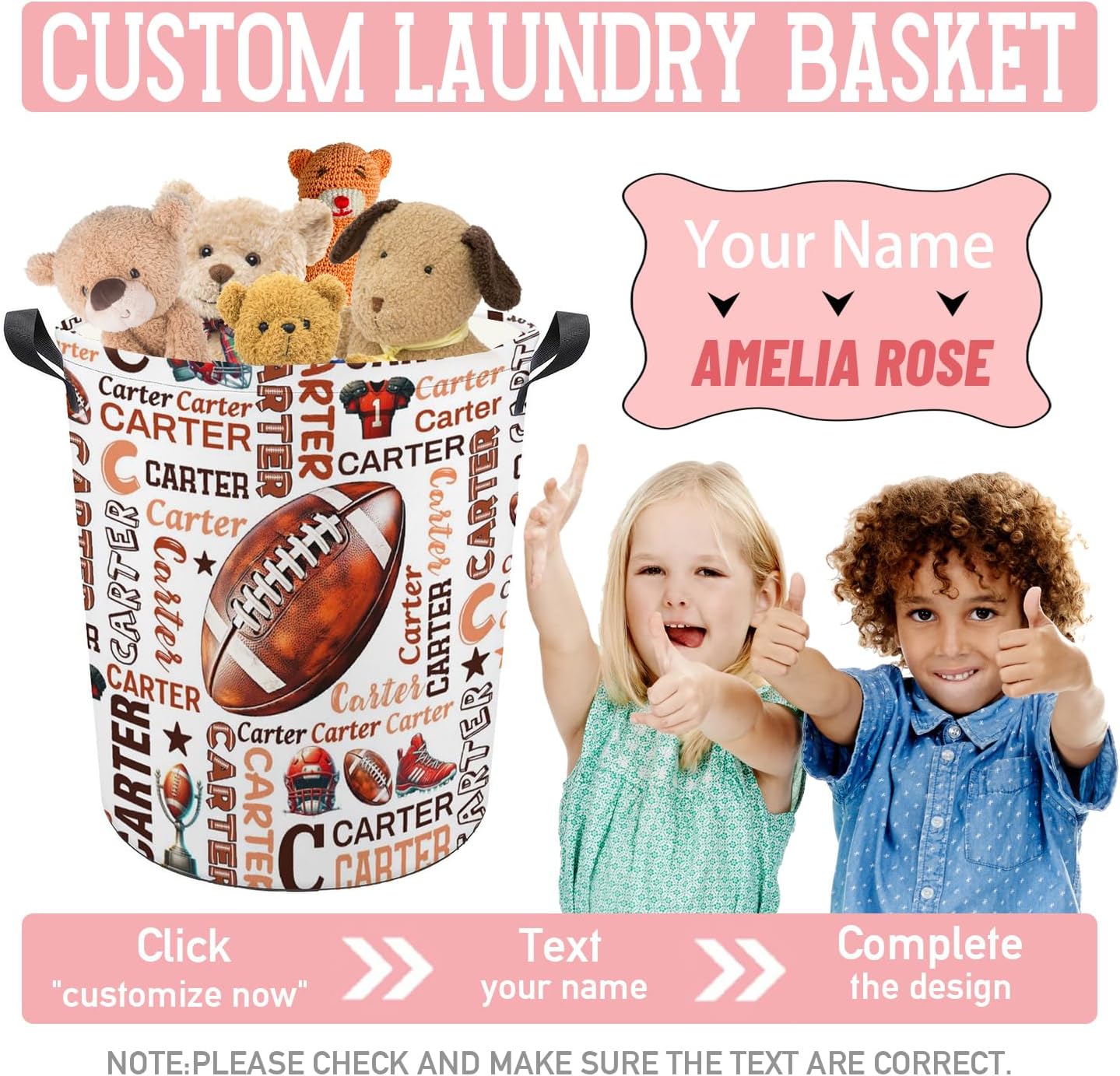 Football Laundry Basket,Custom Laundry Hamper with Name,Personalized Football Gifts for Boys Girls,Customize Collapsible Laundry Basket for Bedroom Bathroom,M-19.5"X 15.7"