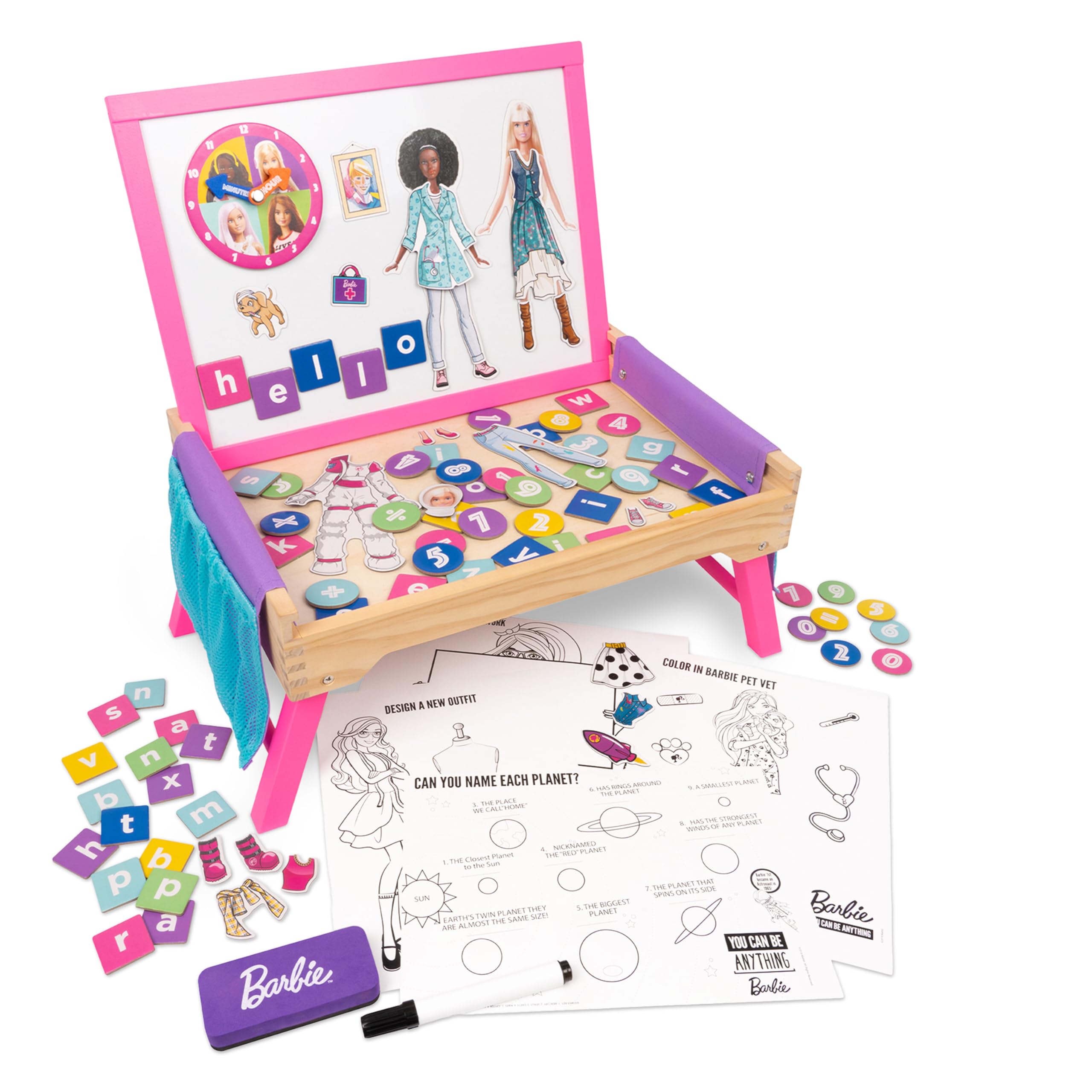 Barbie Magnetic Wooden Kids Play Board with Whiteboard, Magnetic Letters, Numbers, Dress-Up Outfits, Coloring Sheets & Storage Pouch – Creation Station