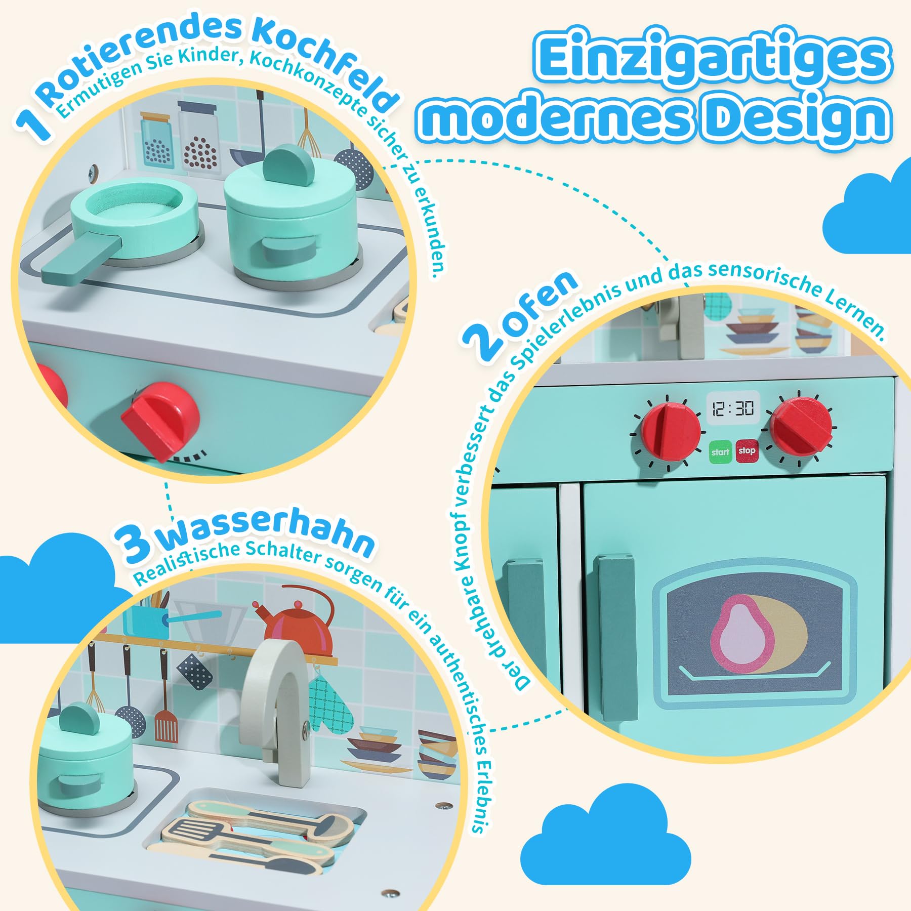 Cucina per bambini in legno con accessori, cucina per giochi di ruolo per bambini, set da gioco Mini Chef, set da gioco per cucina con cibo da gioco, frigorifero, forno, vano portaoggetti
