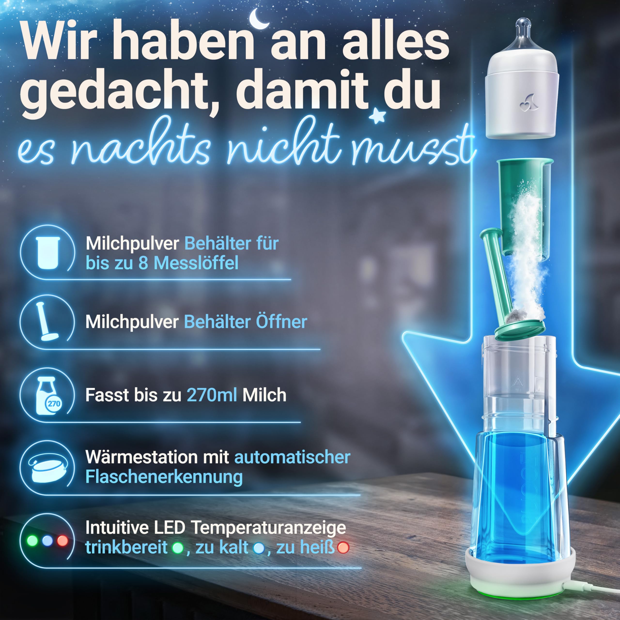 SNOOZI 2er-Set – Baby Nachtflasche mit Flaschenwärmer (2 Flaschen pro Nacht) Babyflasche mit integriertem Milchpulver-Behälter in der Flasche