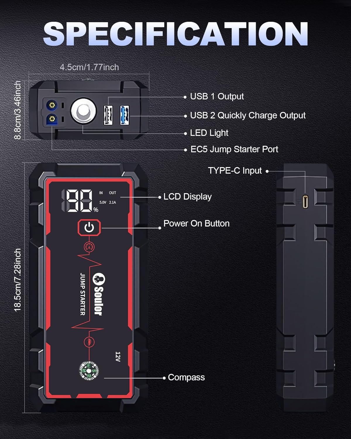 Detailed view of Soulor CY20 Jump Starter and included accessories