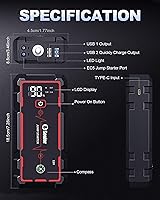 Vista 9 de 5000A Jump Starter Car Battery Jumper Starter Portable with Jumper Cable, Quick Charge Power Bank, 3 Modes Flashlight, Compass