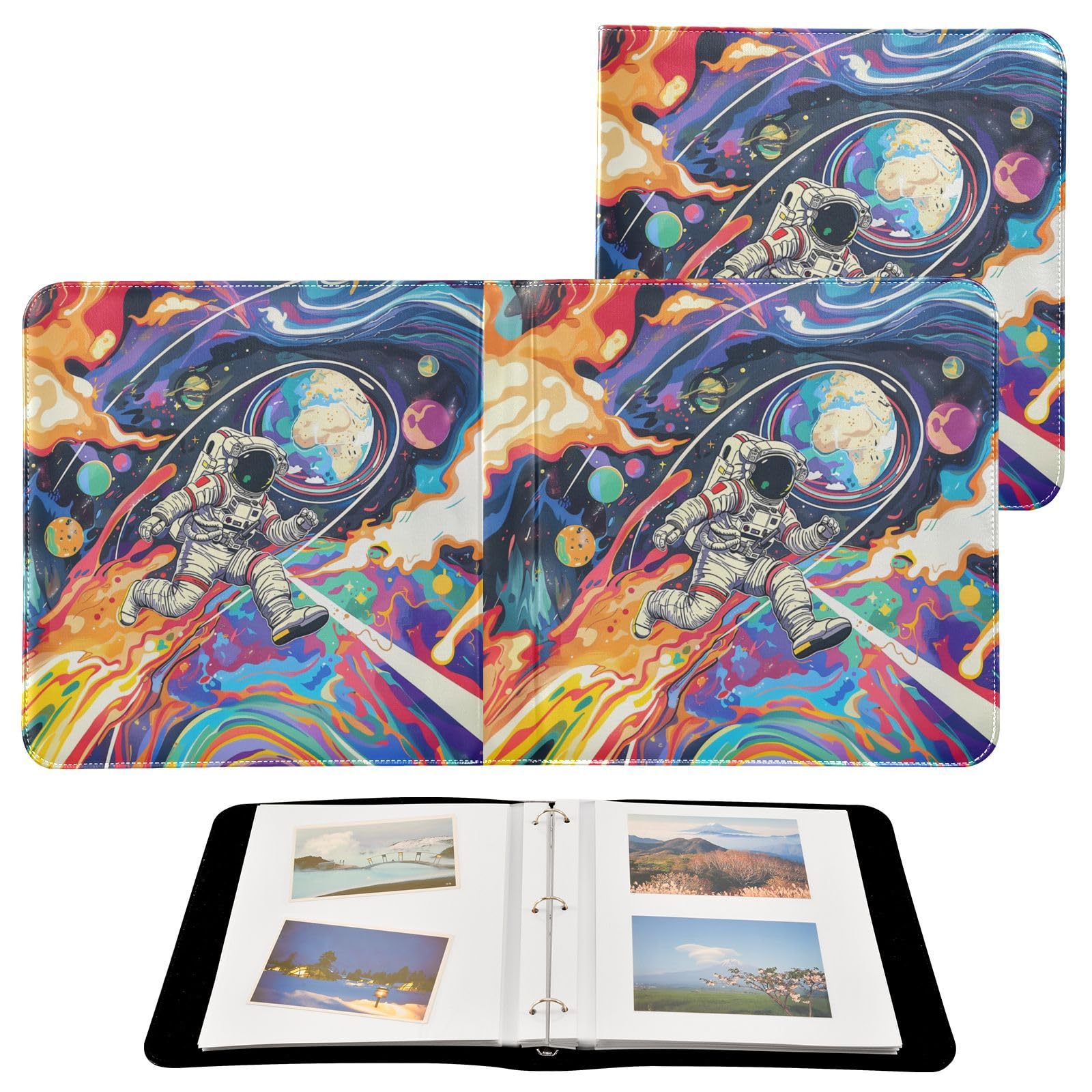 JIPONI Astronaut Run in Space Large Photo Album, DIY Leather Cover Scrapbook Albums for 4x6 5x7 6x8 Pictures, Self Adhesive Memory Book for Wedding, Baby, Family