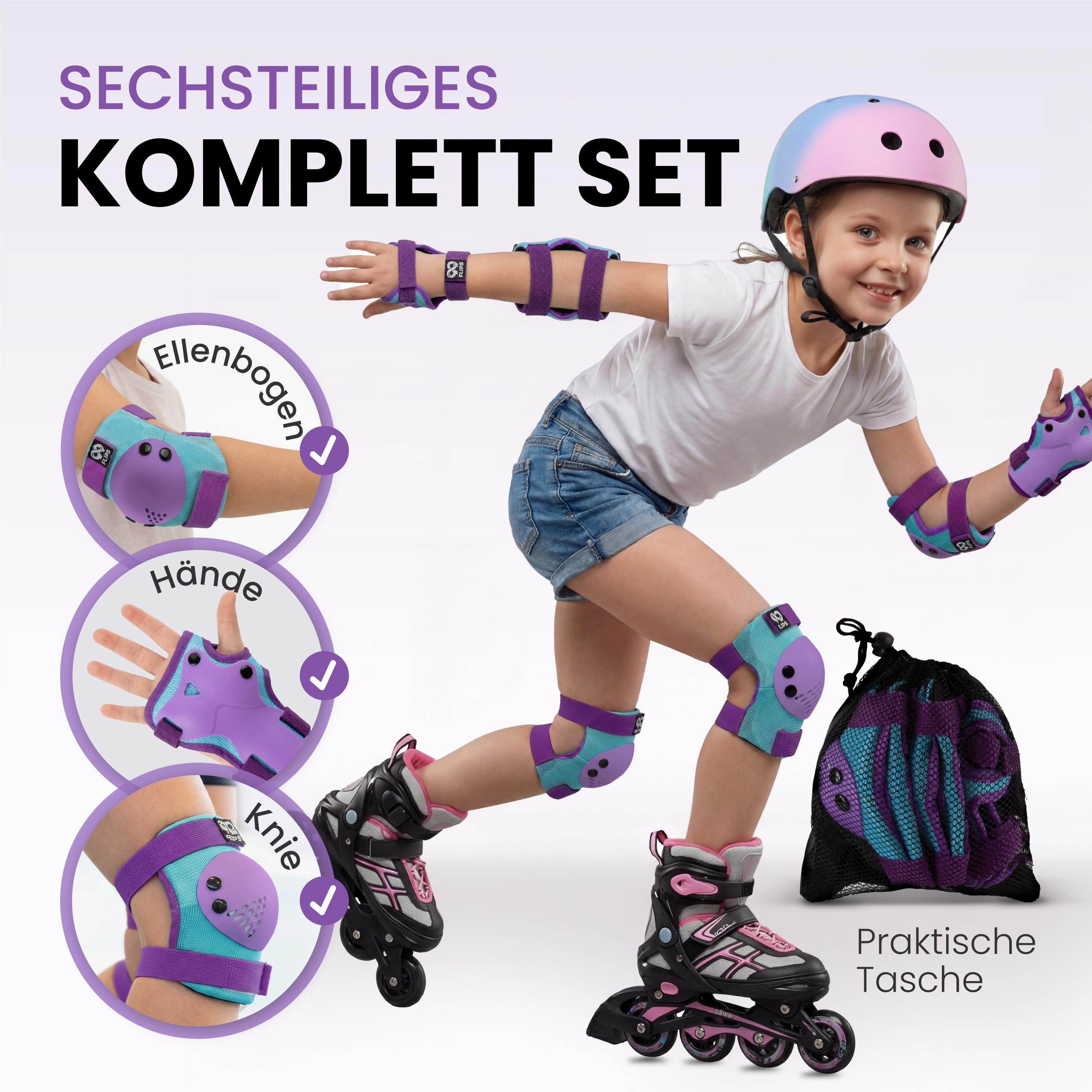 99FLIPS Schützer Inliner Kinder Set 5-12 Jahre [6er Set] mit Knieschoner, Ellenbogenschoner und Handschoner - Skateboard, Inline Skates, Scooter & Rollschuhe