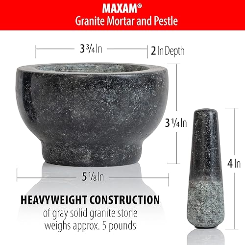 Miniatura 2 de Maxam Juego de mortero y mortero – 5 pulgadas – Molinillo de especias de granito natural pesado, trituradora de hierbas, haz guacamole fresco en casa