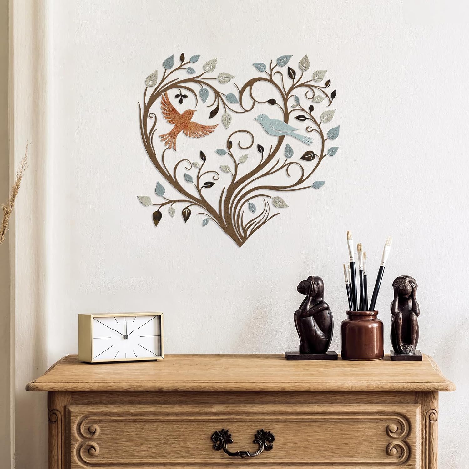 Hnatzu Colorful Heart Tree Metal Wall Art with Birds,Vibrant Heart Wall Decor for Living Room,Unique Metal Bird Wall Art for Home, Garden,or as a Gift of Love and Family