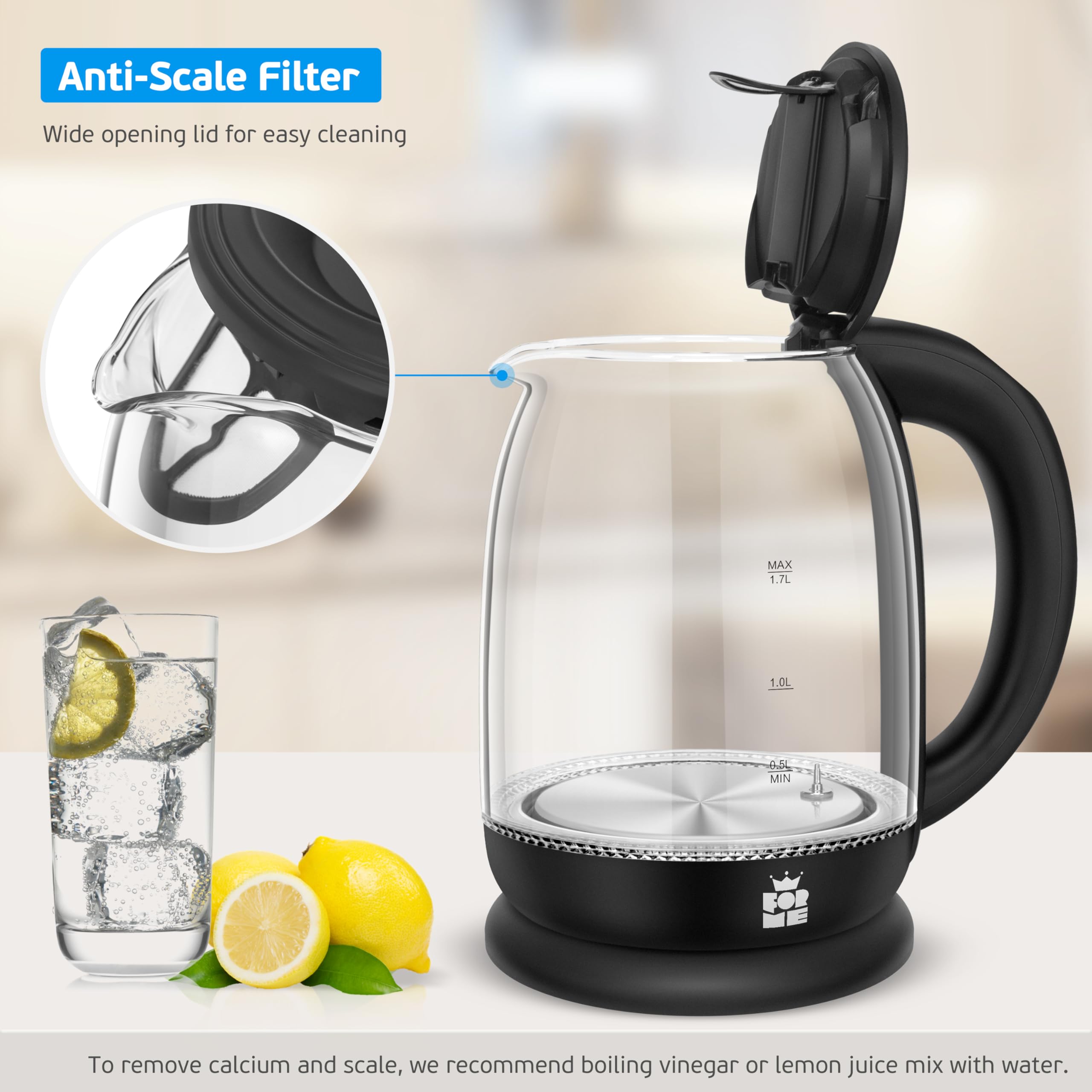 FOR ME Bollitore Elettrico in Vetro 1,7 L, Controllo della Temperatura, Temperatura Selezionabile da 40°C a 100°C, Illuminazione a LED a 5 Colori, Funzione di Mantenimento Caldo, Senza BPA