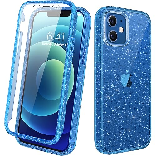 Diaclara Designed for iPhone 12/12 Pro Case, Full Body Rugged Case with Built-in Touch Sensitive Anti-Scratch Screen Protector, Soft TPU Bumper Case for iPhone 12/12 Pro 6.1" (Clear Blue Glitter)