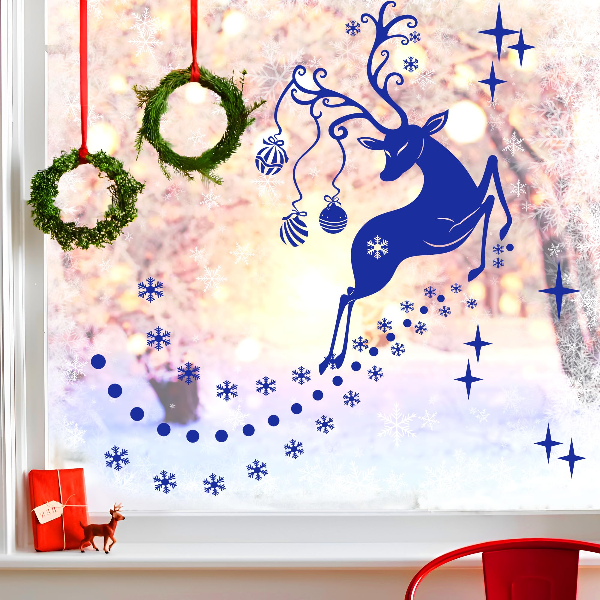 Durable Vinyl Christmas Window Stickers, Double Sided Santa Reindeer Snowflake Decorations, Removable Rudolf Xmas Decals Home, Wall, Office, Shop, Holiday Party Décor, for 1-1.2M Window, Vivid Blue