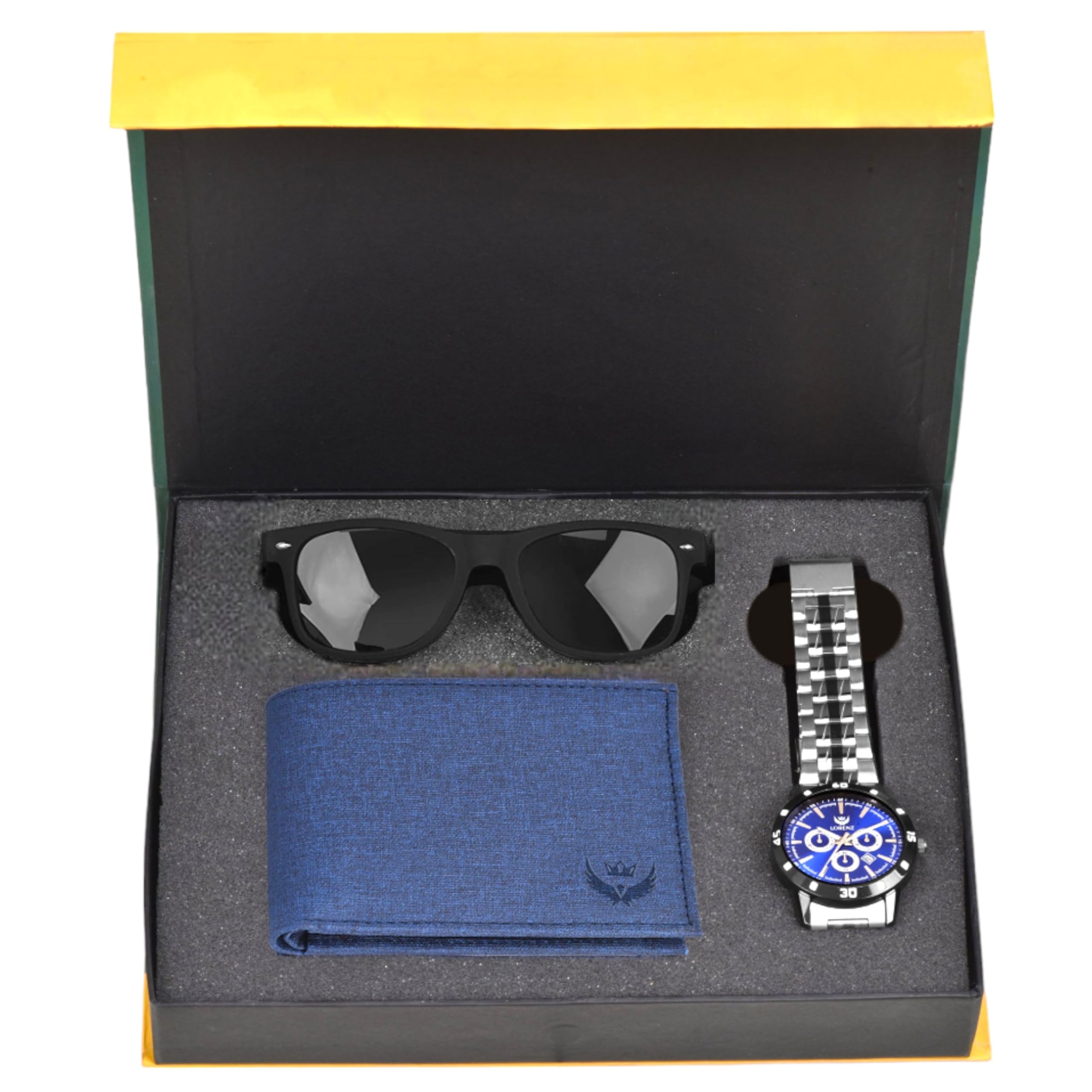 LORENZ Stainless Steel Gift Set Combo Of Mens Blue Dial Analog Watch, Blue Wallet & Black Sunglasses | Cm-3067Sn2-Wl-49, Band_Gold (B097BVVTMF) Amazon Price History, Amazon Price Tracker