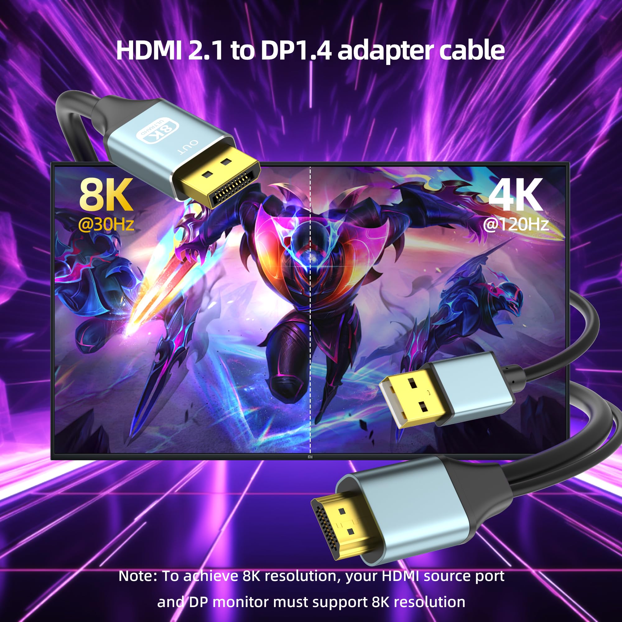 fairikabe Adaptateur HDMI vers DisplayPort 8K@60Hz, 4K@144Hz / 4K@120Hz / 2K@240Hz, 1.5M — Convertisseur de source HDMI vers moniteur DP, pour PS5, Xbox Series X, PC Gamer