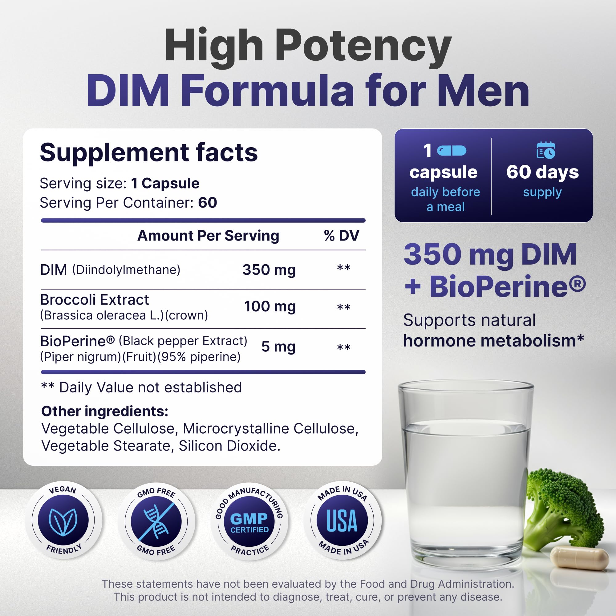DIM for Men 350mg High Potency with BioPerine® & Broccoli Extract – 455mg Total Complex for Estrogen Balance & Hormone Optimization, Advanced DIM Supplement for Men, Clean Absorption Formula, 60 Caps — Amazon image 3