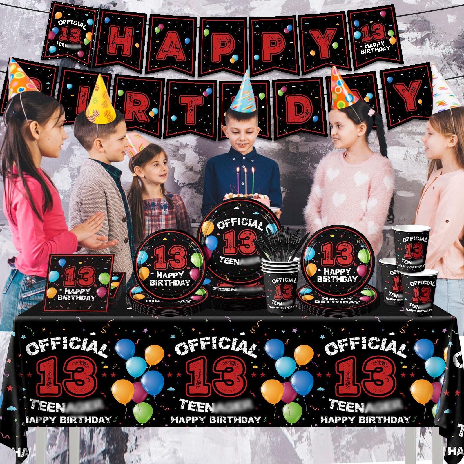 Dydamud 13 Year Old Boy Birthday Decorations, 13th Party Tableware Red Black Glitter Happy Birthday Plates and Napkins for Level 13 Unlocked
