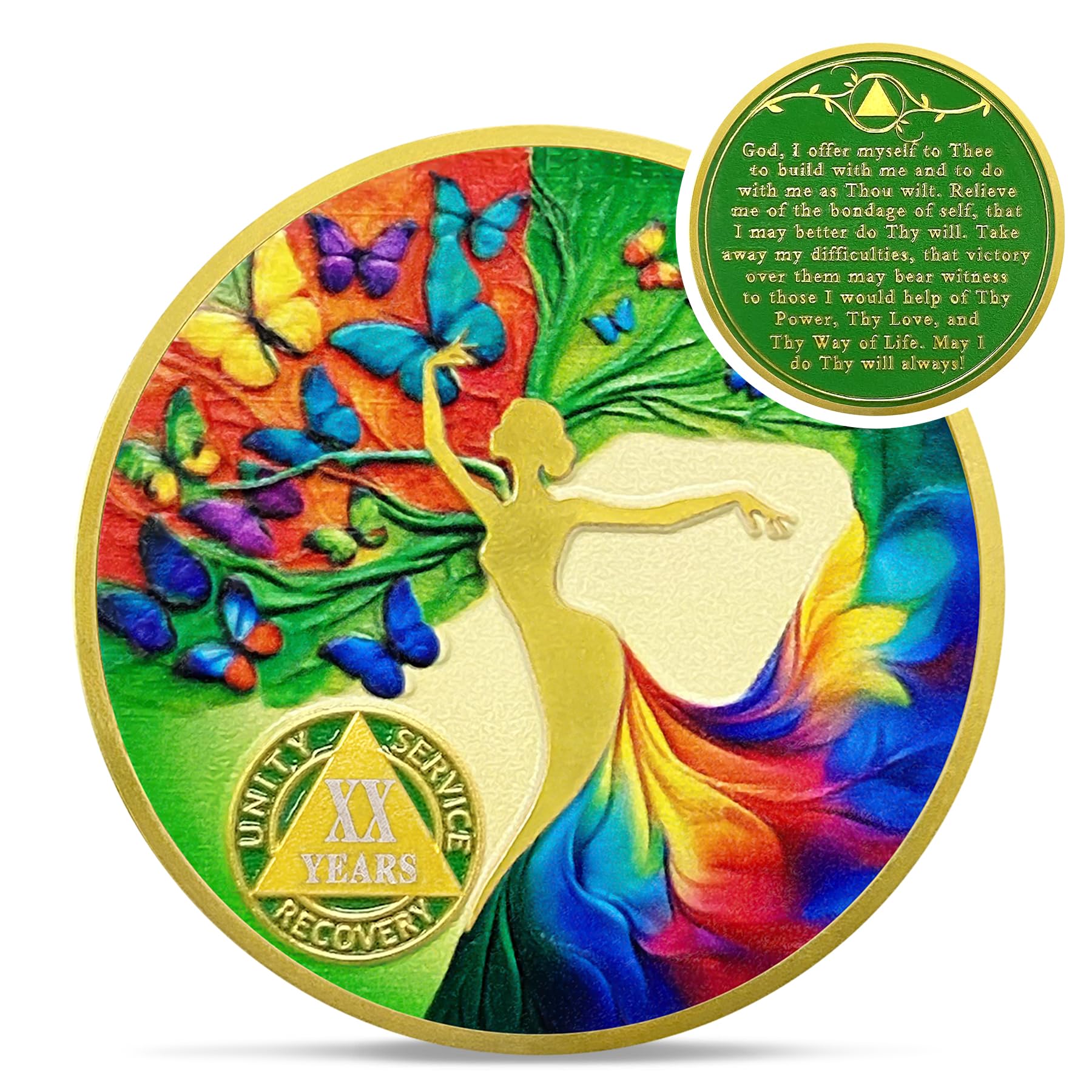 Artsy 20 Year Sobriety Coin - Colorful Butterfly Tree of Life AA Coins - Recovery Addiction NA AA Chips and Medallions - 1-20 Years Clean Narcotics Alcoholics Anonymous Gifts for Men Women