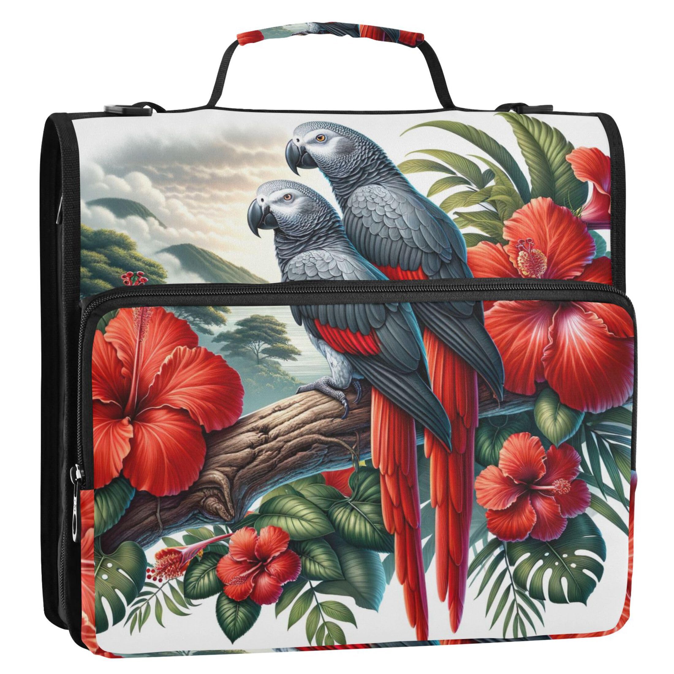 Tropical Parrot Floral Birds Binder Zipper Organizer 1.5 Inch 3 Ring Binders Heavy Duty School Binder Bag with Shoulder Strap Portfolio & Case Ring Folder Holder