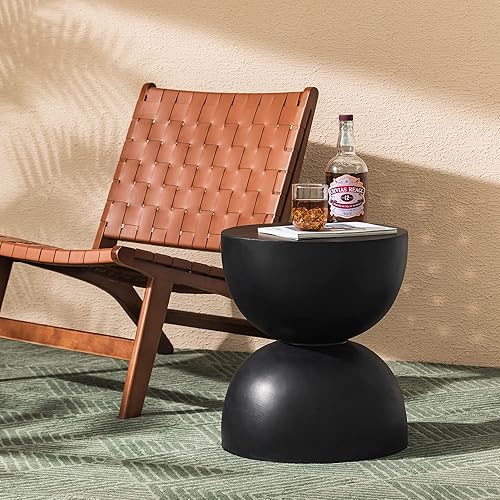 Glitzhome Outdoor Side Tables for Patio, 17.75" H Round Accent Table, Small Modern End Table Decorative Garden Stools, Multi-Functional MgO Faux Terrazzo Plant Stand for Living Room Bedroom, Black