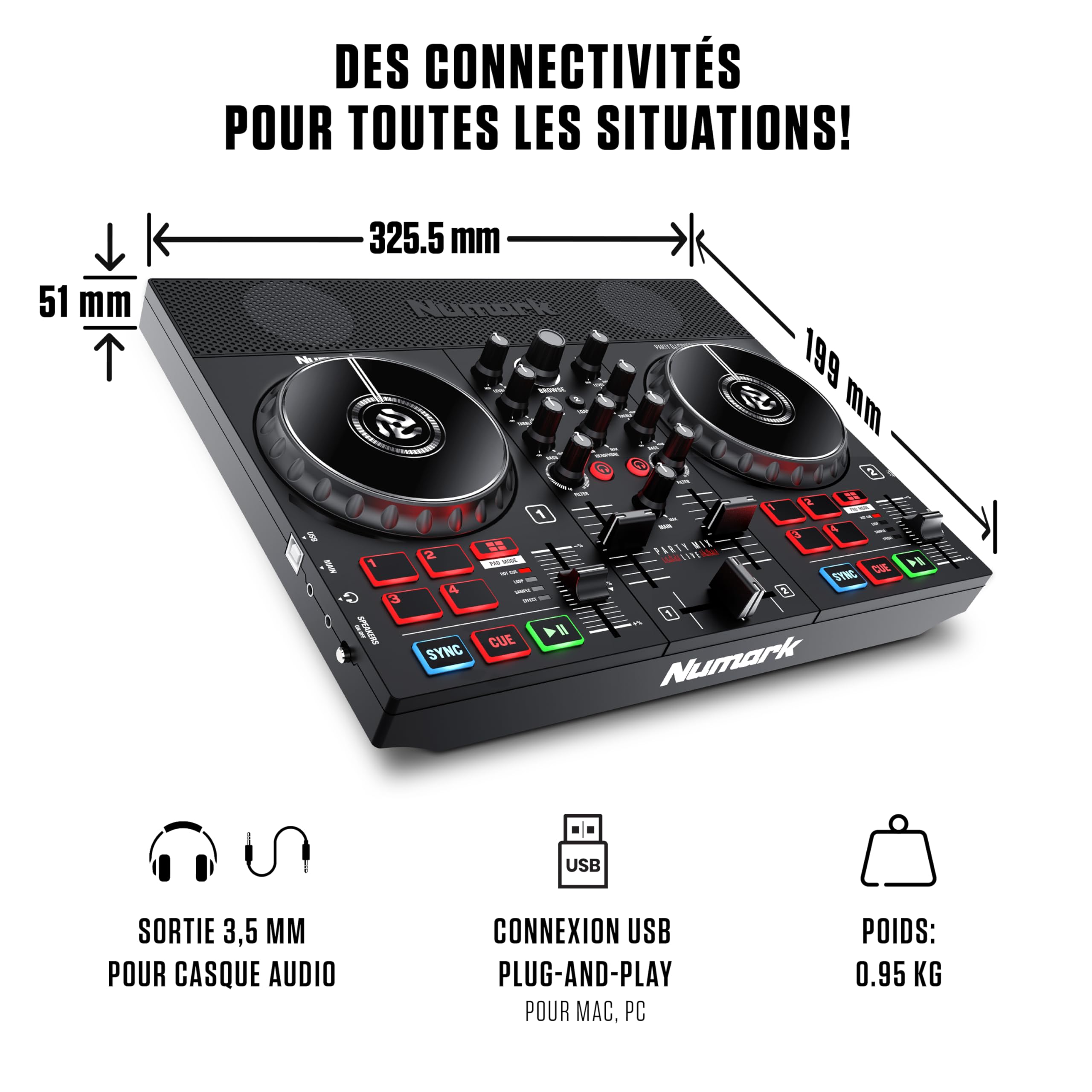 Numark Party Mix Live & HF125 - Contrôleur DJ avec jeux de lumière LED, enceintes et table de mixage DJ pour Serato DJ Lite avec Casque DJ Ultra-Portable