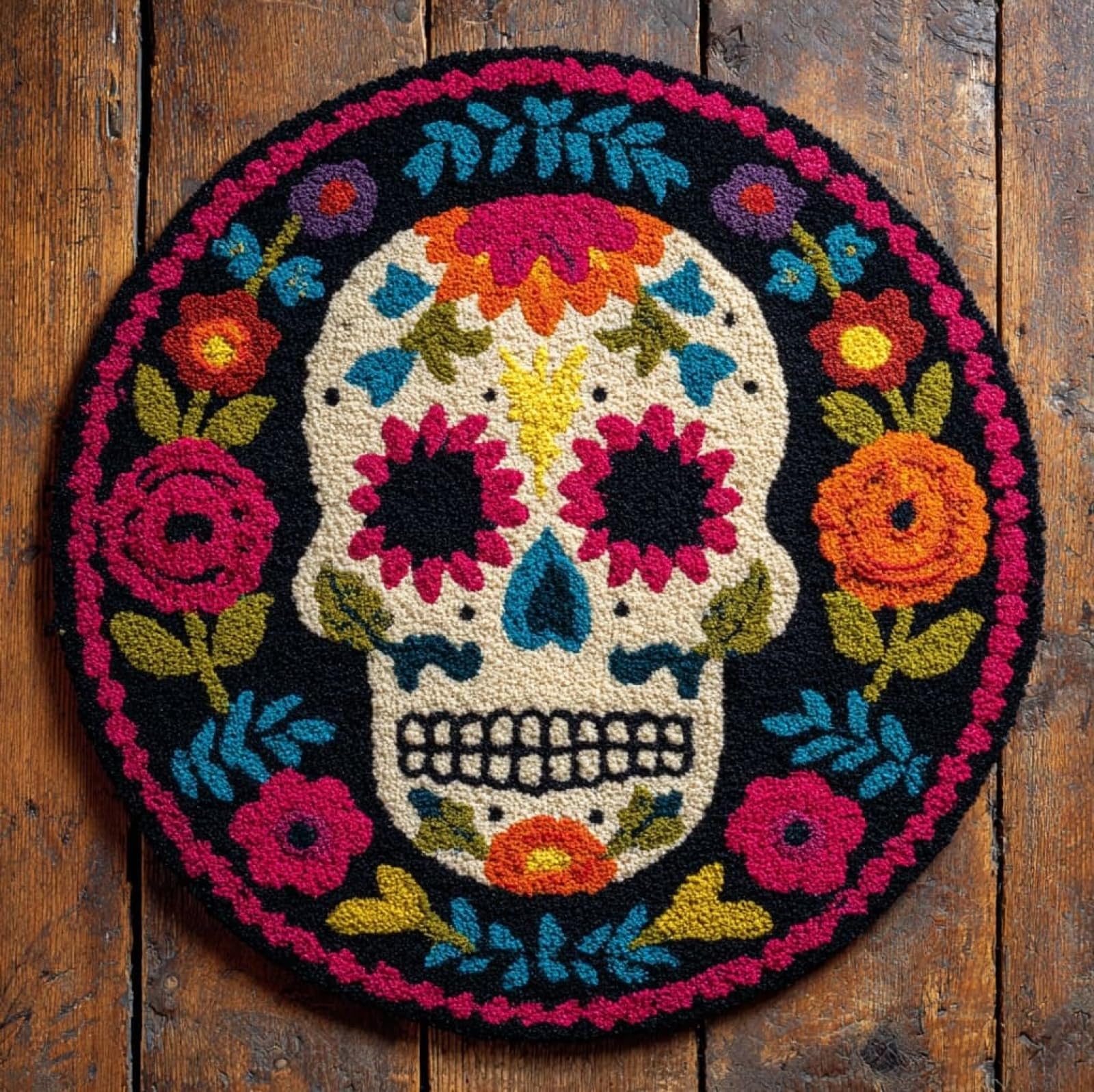 WallustrioaW DIY Carpet Latch Hook Kits,Skulls and Flowers,Latch Hook Rug Kits for Adults Beginners DIY Needlework Crocheting Rug Home Decor,50x50cm