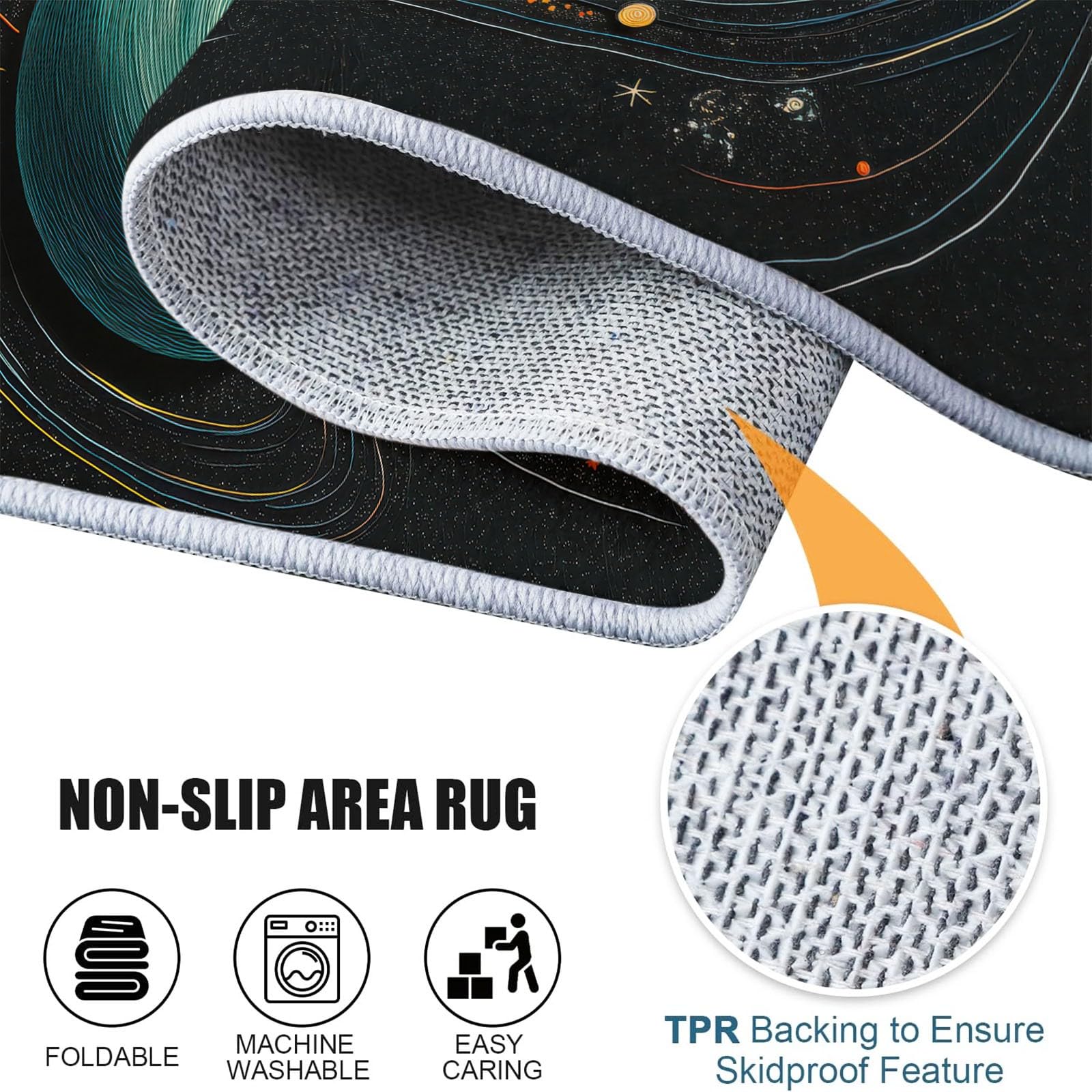 Generisch Teppich Rund 120 cm Himmlisches Universum & Sterne, Waschbar rutschfest Kurzflor, Runde Teppiche für Wohnzimmer Schlafzimmer Kinderzimmer Flur Kinder, Schwarz