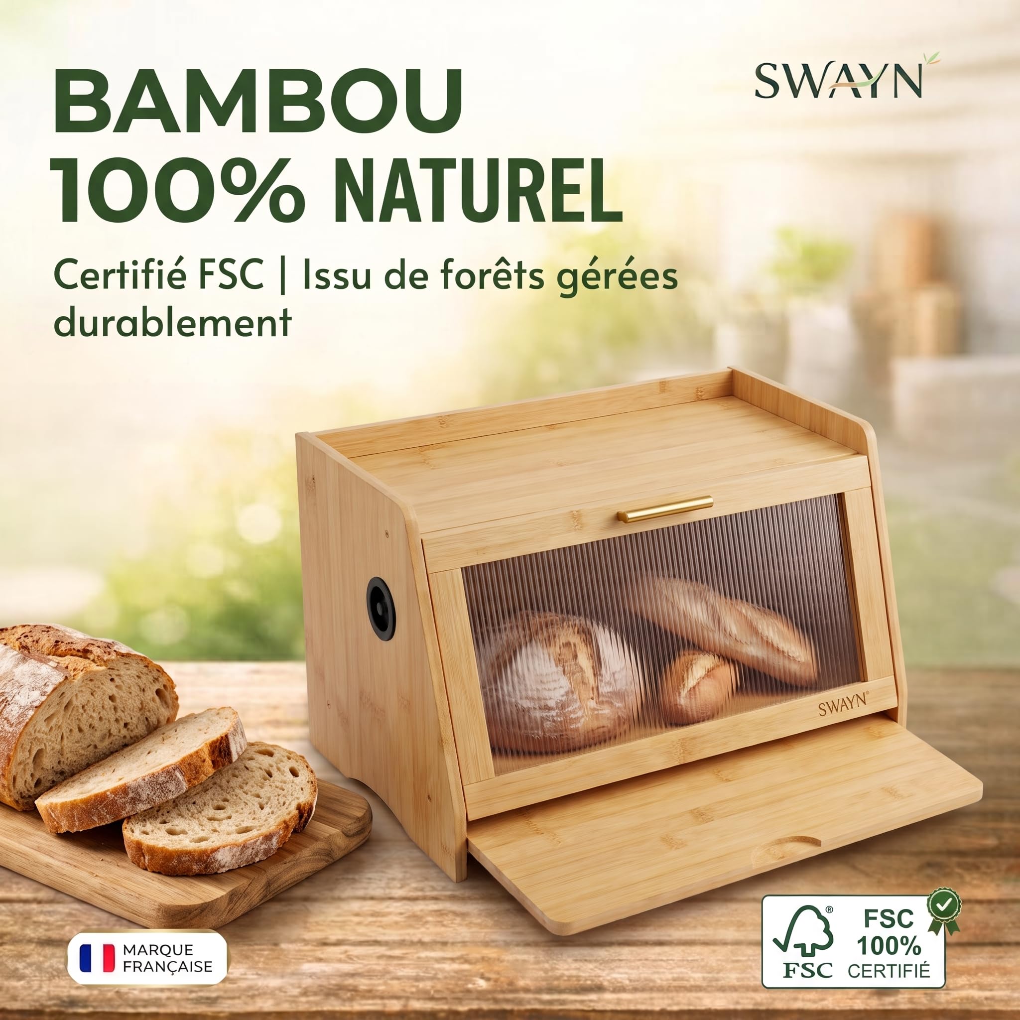 SWAYN - Caja de pan de bambú con 1 compartimento con sistema de ventilación (natural)