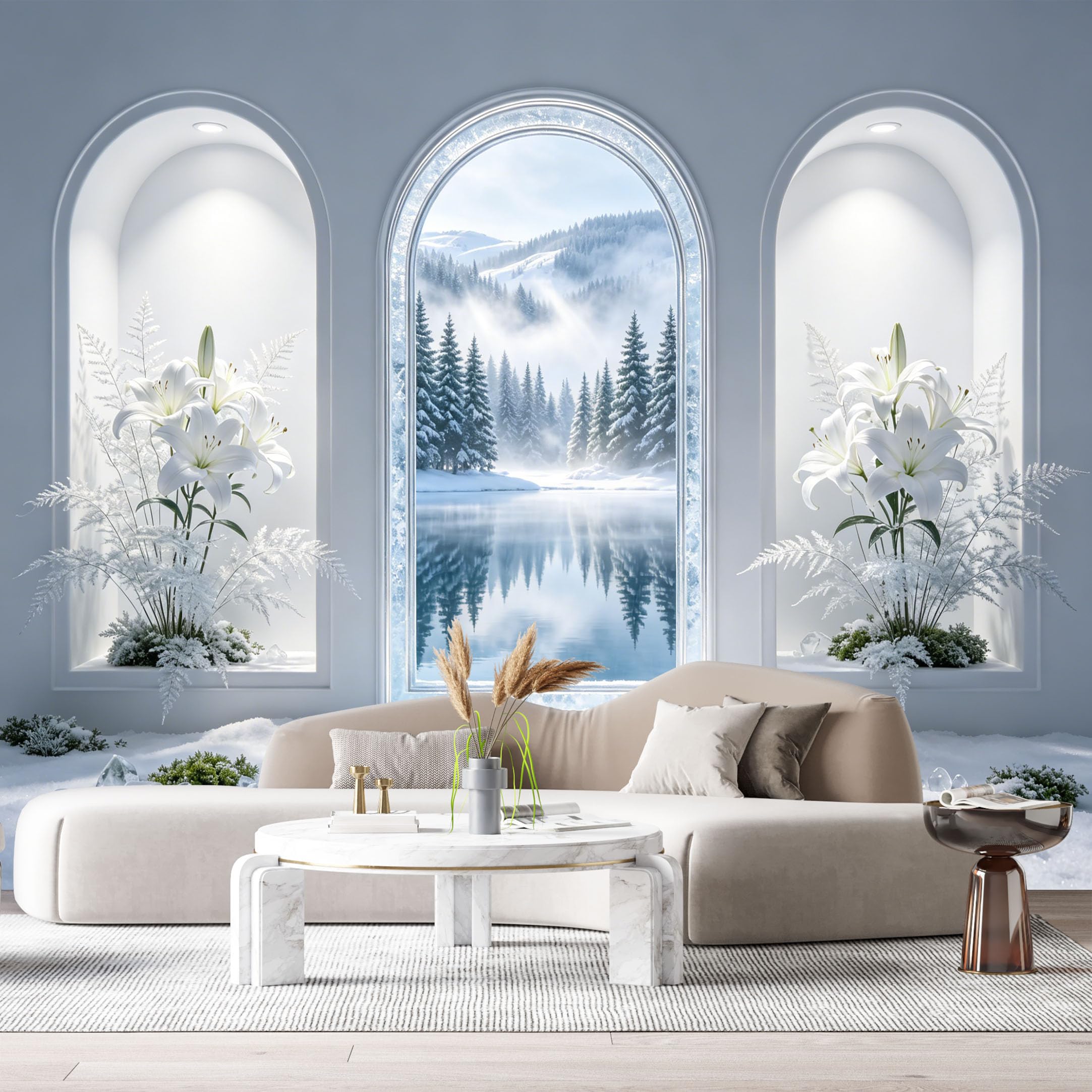 Custom Size Wall Murals White Lily Flower Mountain Lake Forest 3D Trompe L’oeil Modern SelfAdhesive Wall Fabric Removable Large Wallpaper for Photo Living Room