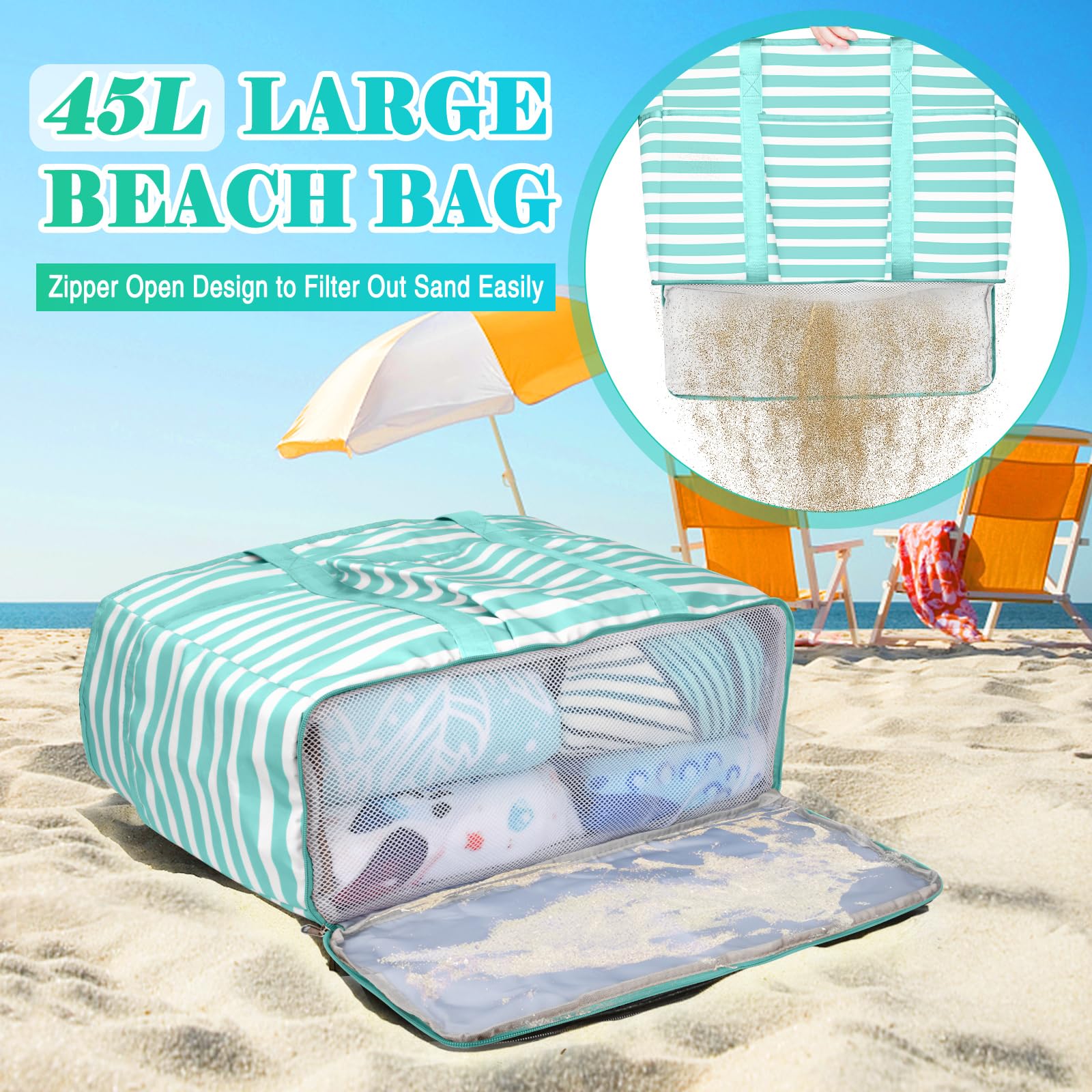 Bolsa de Playa Grande XXL Familiar con Cremallera - Bolso Shopper de Malla para Mujer - Tote de Hombro para Viaje, Compras, Gimnasio - 50x20x35cm