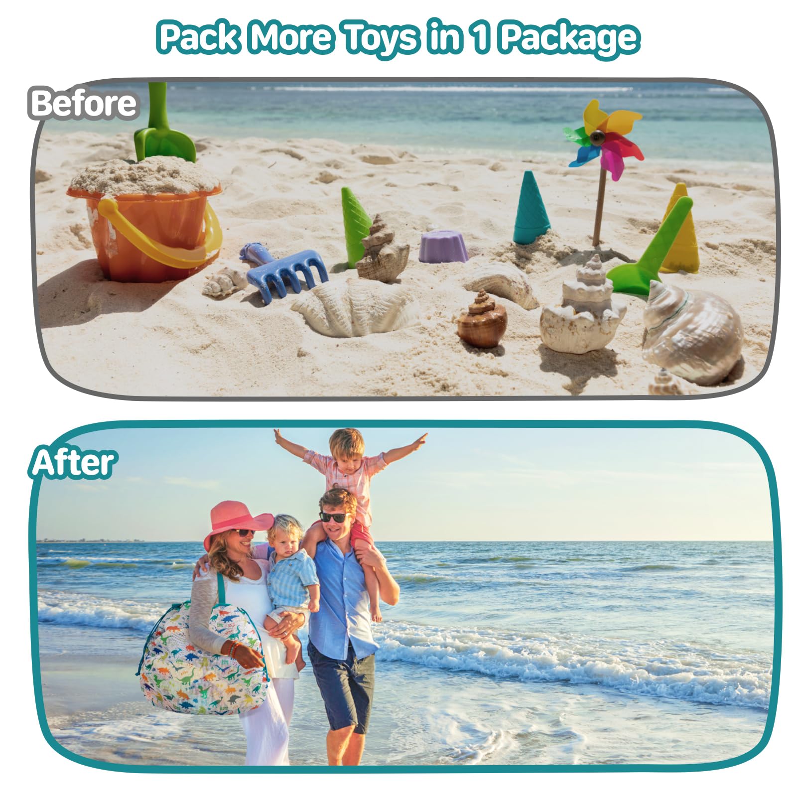 Bolsa de juguetes de playa extra grande con cordón, bolsa de malla plegable ligera para juguetes de arena, verde dinosaurio