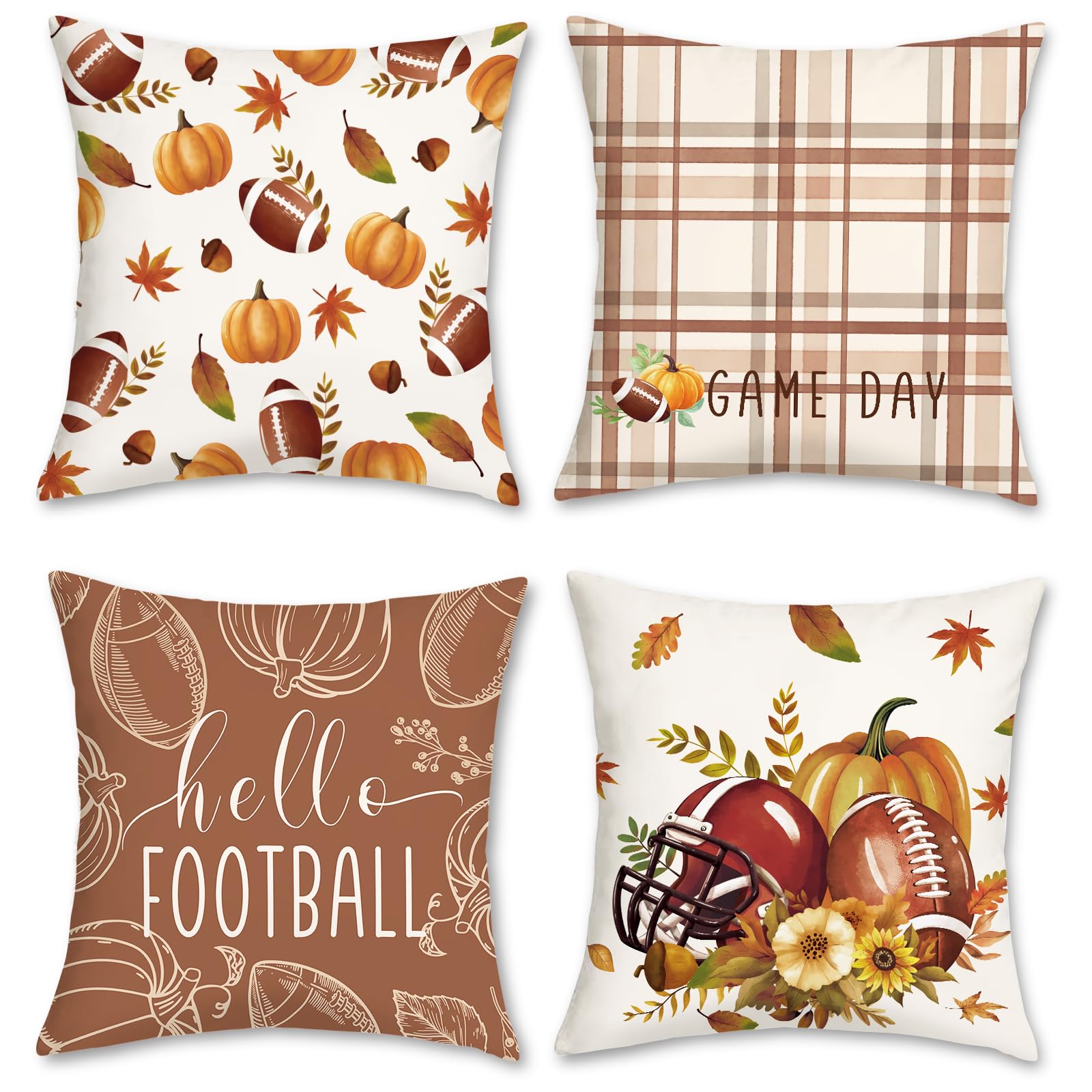 COZZSNUGE Fall Throw Pillow Covers Football Pumpkins Game Day Maple Leaves Autumn Velvety Decorative Pillowcases for Sofa Bed