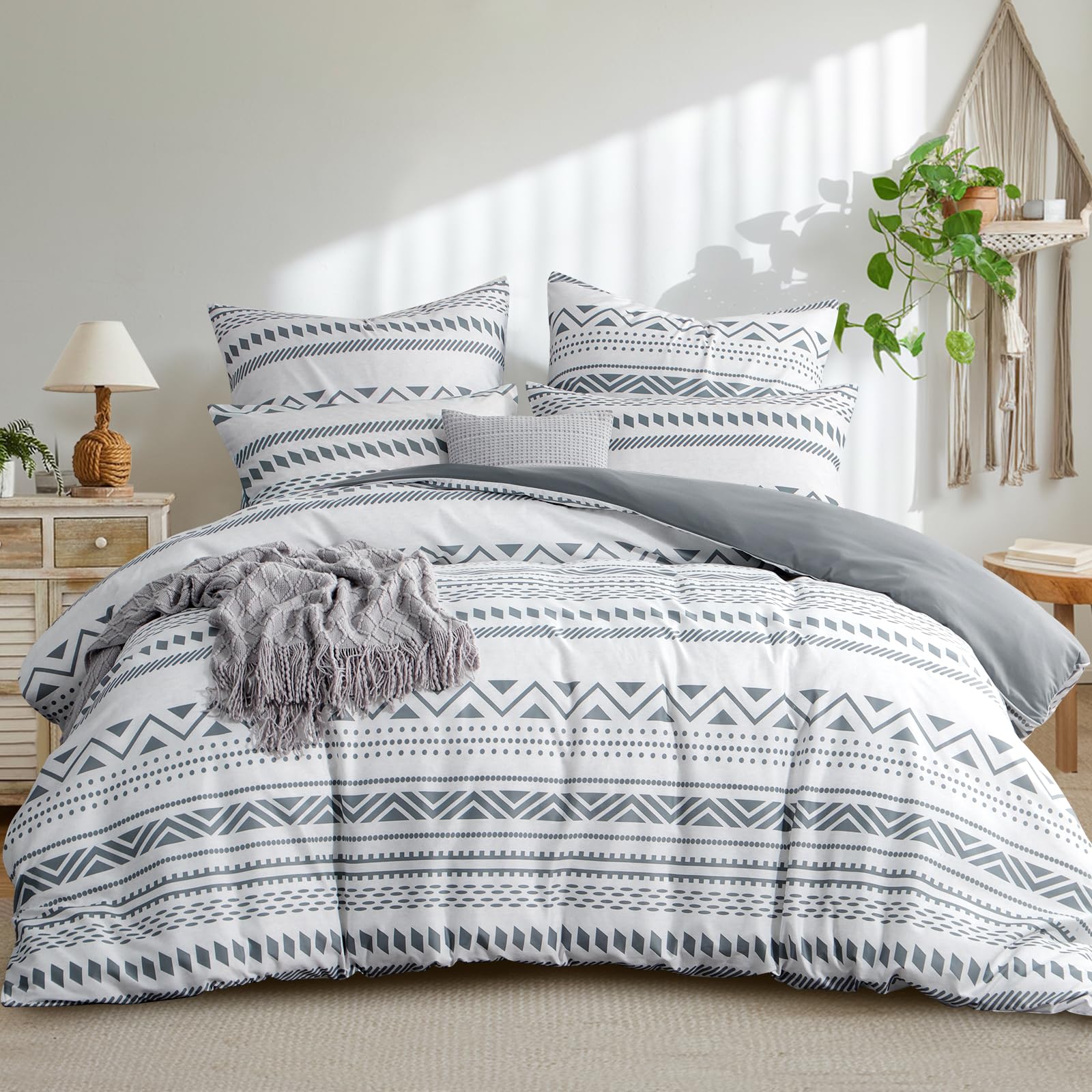 Aisbo Super King Bedding Duvet Cover Sets, 3 Pieces Boho Bedding Set White and Grey