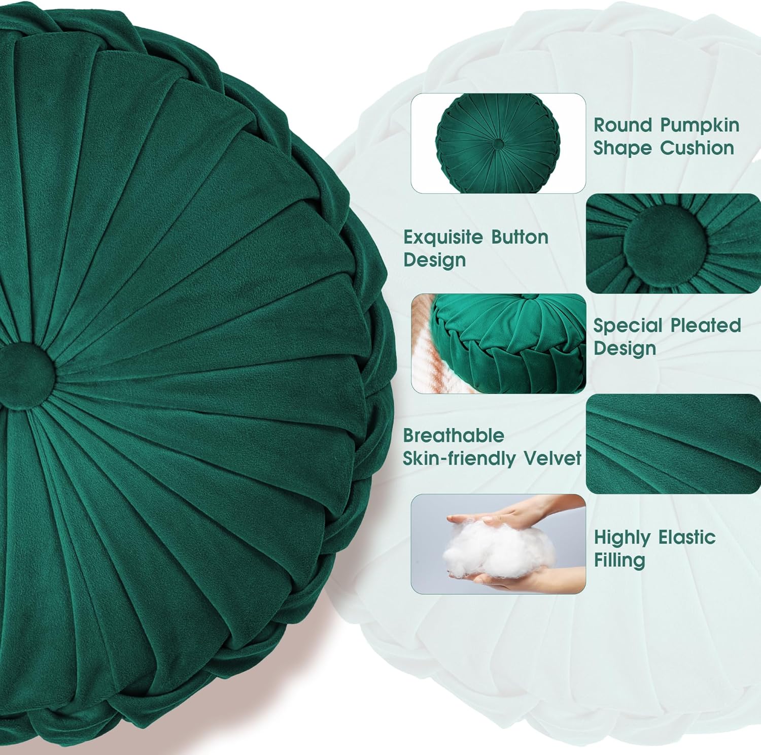 ROSE&RISY Round Pleated Velvet Throw Pillows, 2 Pack Decorative Accent Pumpkin Pillow Cushion for Couch Sofa Chair Bed Car Home Decor (14.5 Inch, Teal)