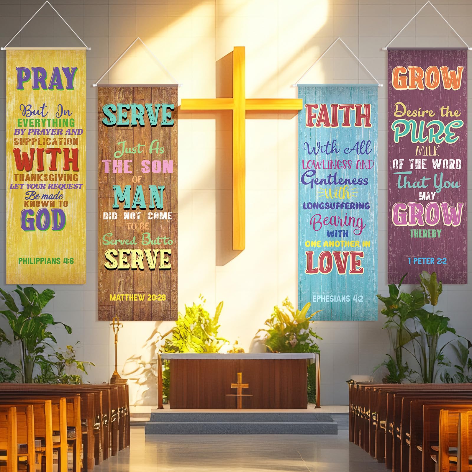 Cinrobiye Church Banners with Scripture for Sanctuary Wall Christian Religious Praise Worship Bible Verse Exquisite Welcome Hanging Backdrop Scripture Signs for Church Home Sunday School Decor (Color1 — image 1