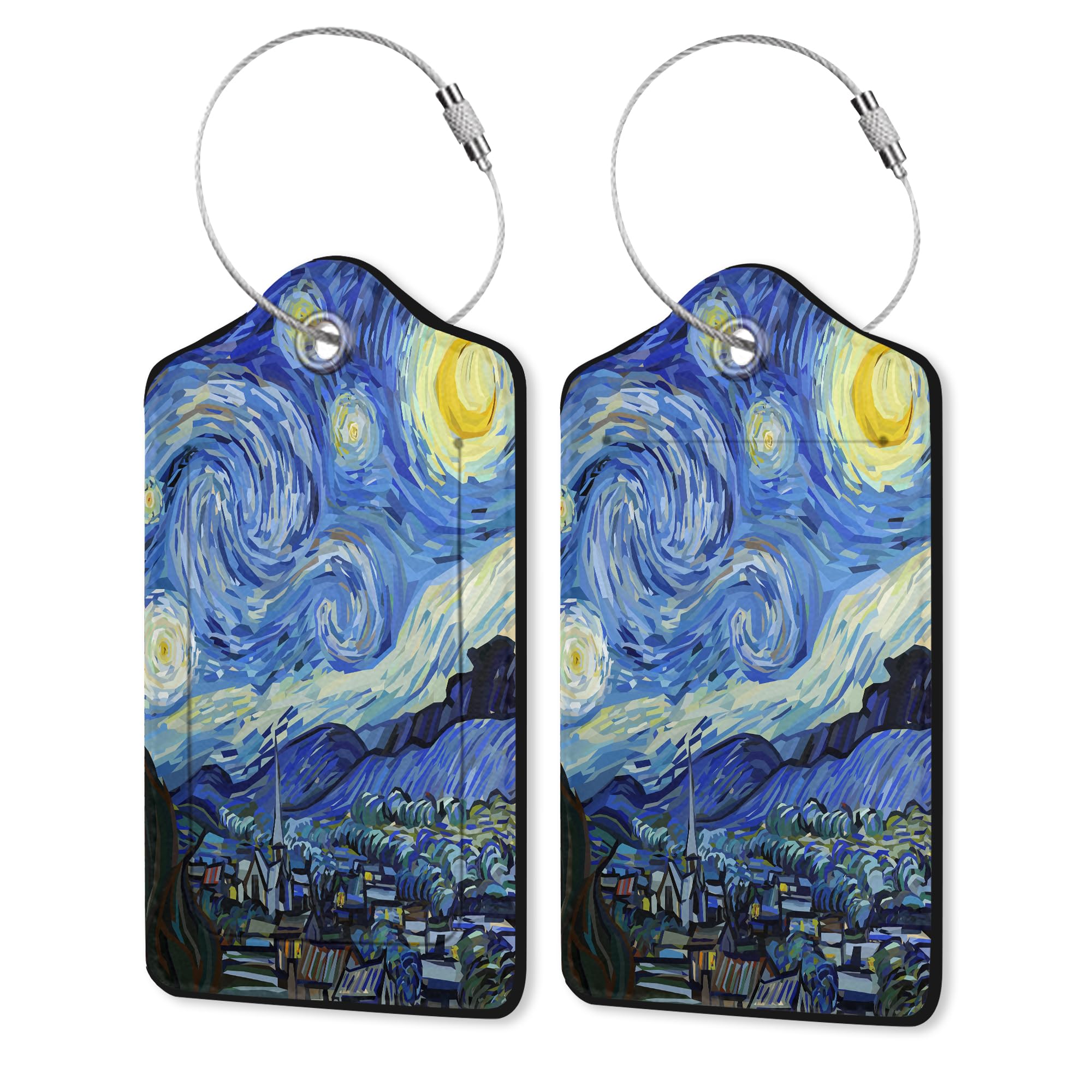 Van Gogh Starry Night Luggage Tags Set of 2 Leather Luggage Tags Privacy Cover Suitcase Label with Stainless Steel Loop for Women/Men Travel