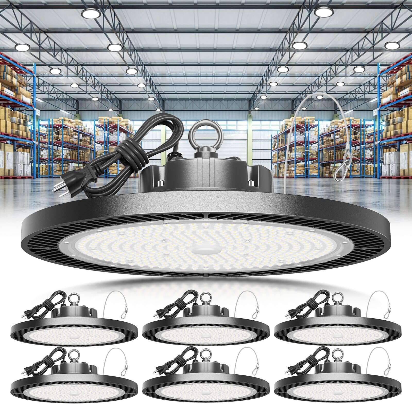 Super Bright 250W UFO LED High Bay Light 35000lm with 5ft Cord Plug (Eqv.1000w Mh/Hps/Hid), 5000k LED High Bay Lights for Garage Workshop, Factory, Workshop,