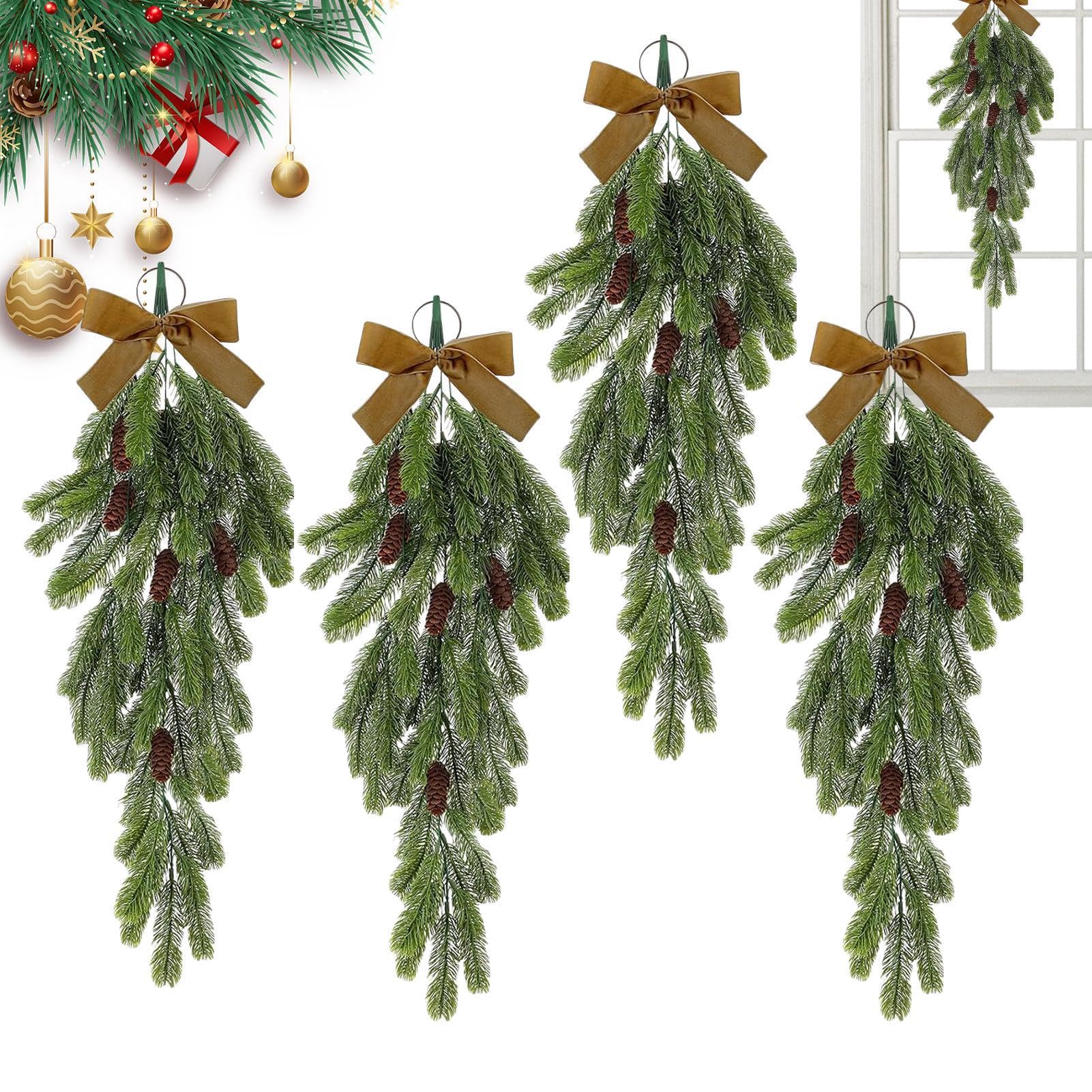 Christmas Decoration, Pine Cone Swag, Teardrop Decoration Wreath, Front Door Pine Needles Decor, Bowknot Swag for Stairway and Window, Festive Christmas Swag for Home