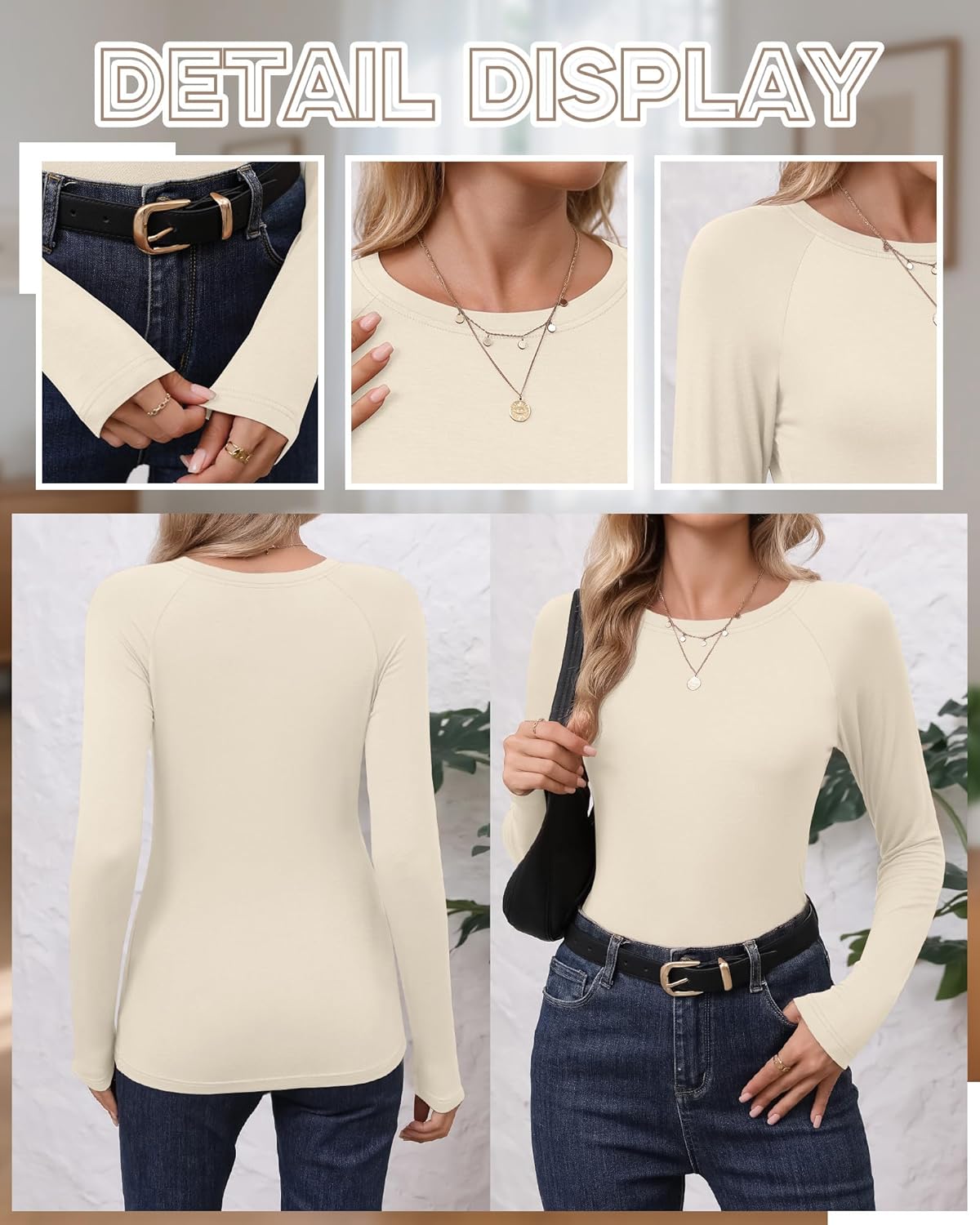 3 Pack Women's Long Sleeve Shirts, Cotton Crew Neck Tops Raglan Slim Basic Tees Solid Casual Trendy Shirts(Black, Haze Blue, Cream,XX-Large) - Image 6