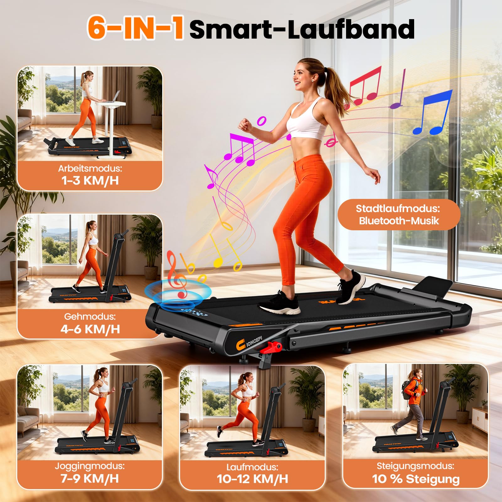 Laufband für Zuhause mit Bluetooth Lautsprecher, 6 in 1 12km/h Walking Pad Laufband mit 10% Steigung, 3.0 HP Bürstenloser Treadmill für Zuhause & Büro mit LED-Display, 12 HIIT-Programme, Bis 160 kg