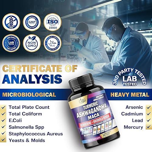 Miniatura 6 de Ashwagandha Supplements 14700mg  Memoria, sistema inmunológico y fuerza  7 en 1 concentrado con cúrcuma, raíz de maca, berberina y más  90 cápsulas