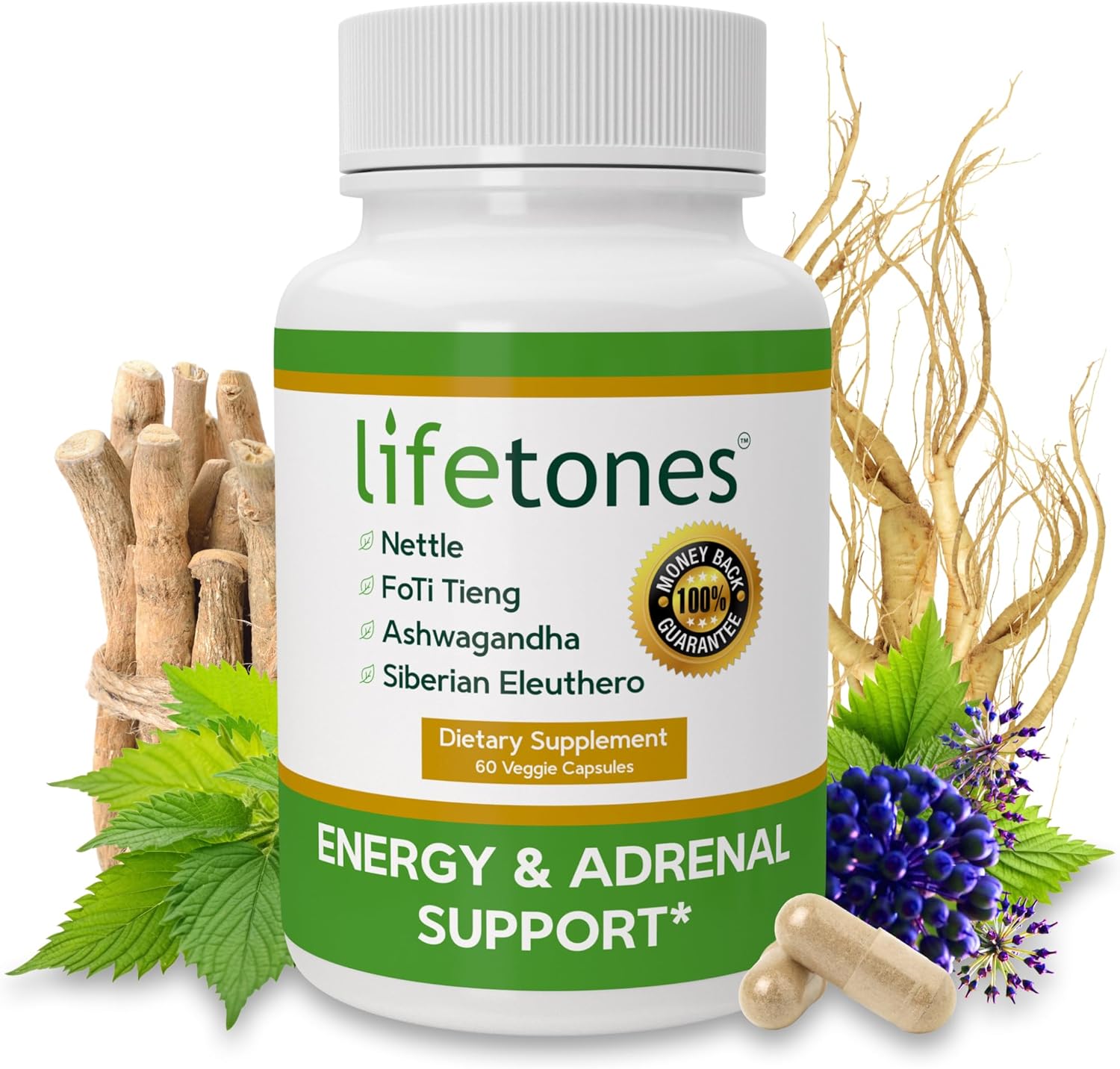 Life Tones Energy & Adrenal Support Capsules - Natural Energy Boost, Stress Relief, and Adrenal Health Formula - 60 Vegan Vitamins