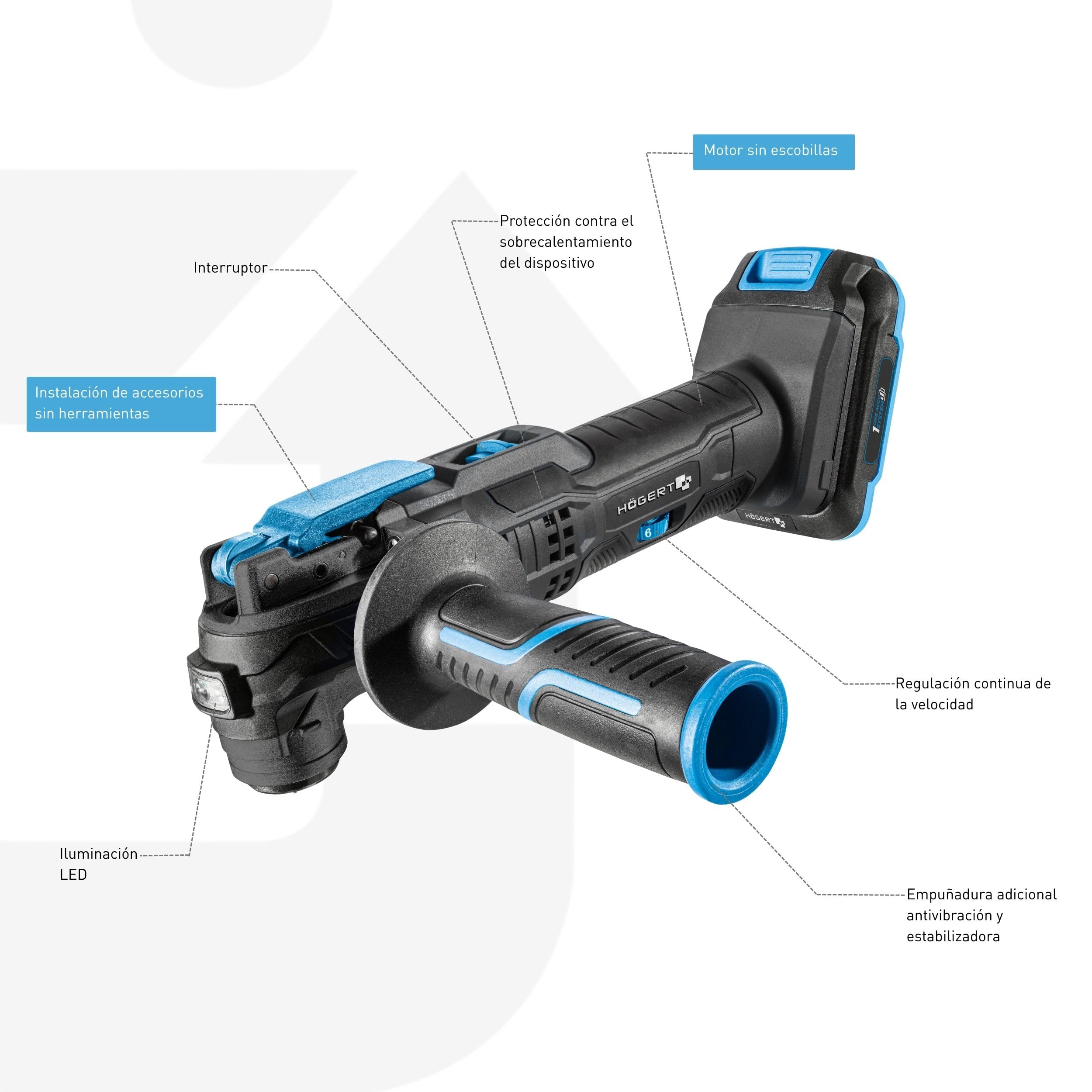 HÖGERT TECHNIK Herramienta Multifunción a Batería 18V OneAccuSystem, 5000-19000 RPM, oscilación 3°, LED, velocidad variable, softgrip, con accesorios, sin batería