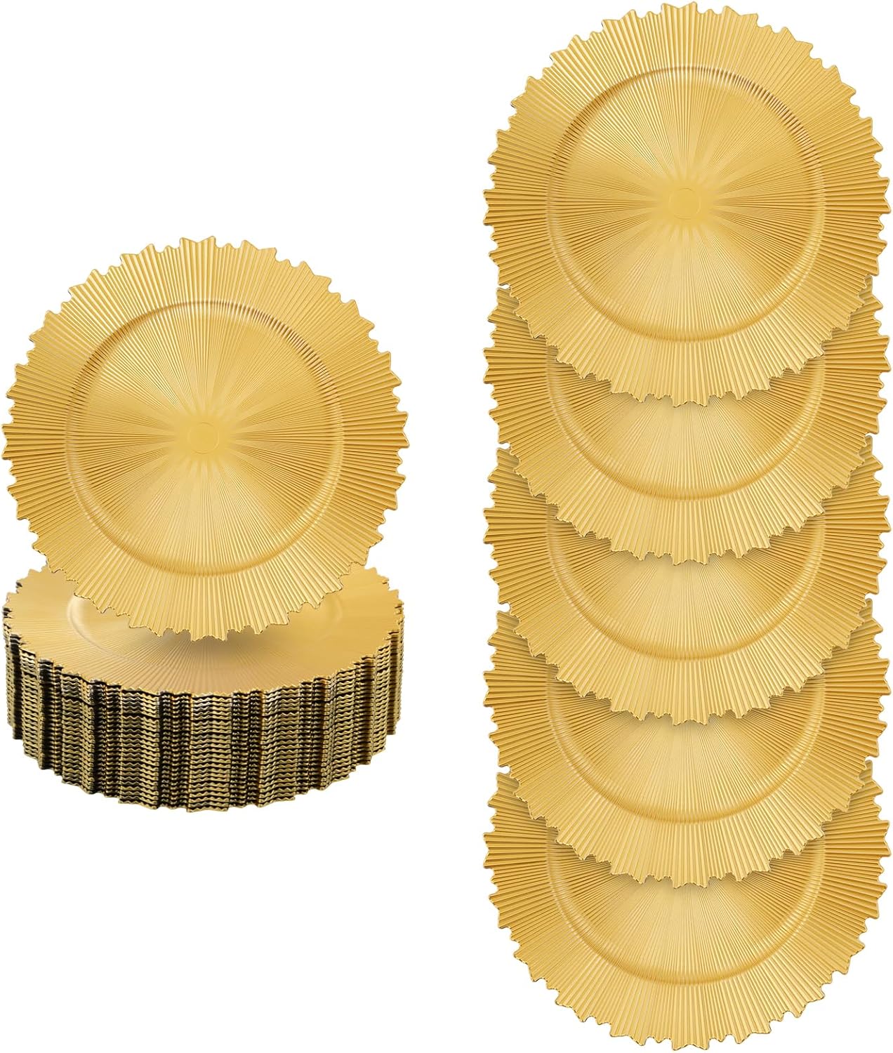 Gold Charger Plates, 50 Pcs Bright Charger Plates Bulk, 13 Inch Plastic Round Chargers Fluted Edge Dinner Plate Wedding Decoration for Table Setting Wedding Party Event Tabletop